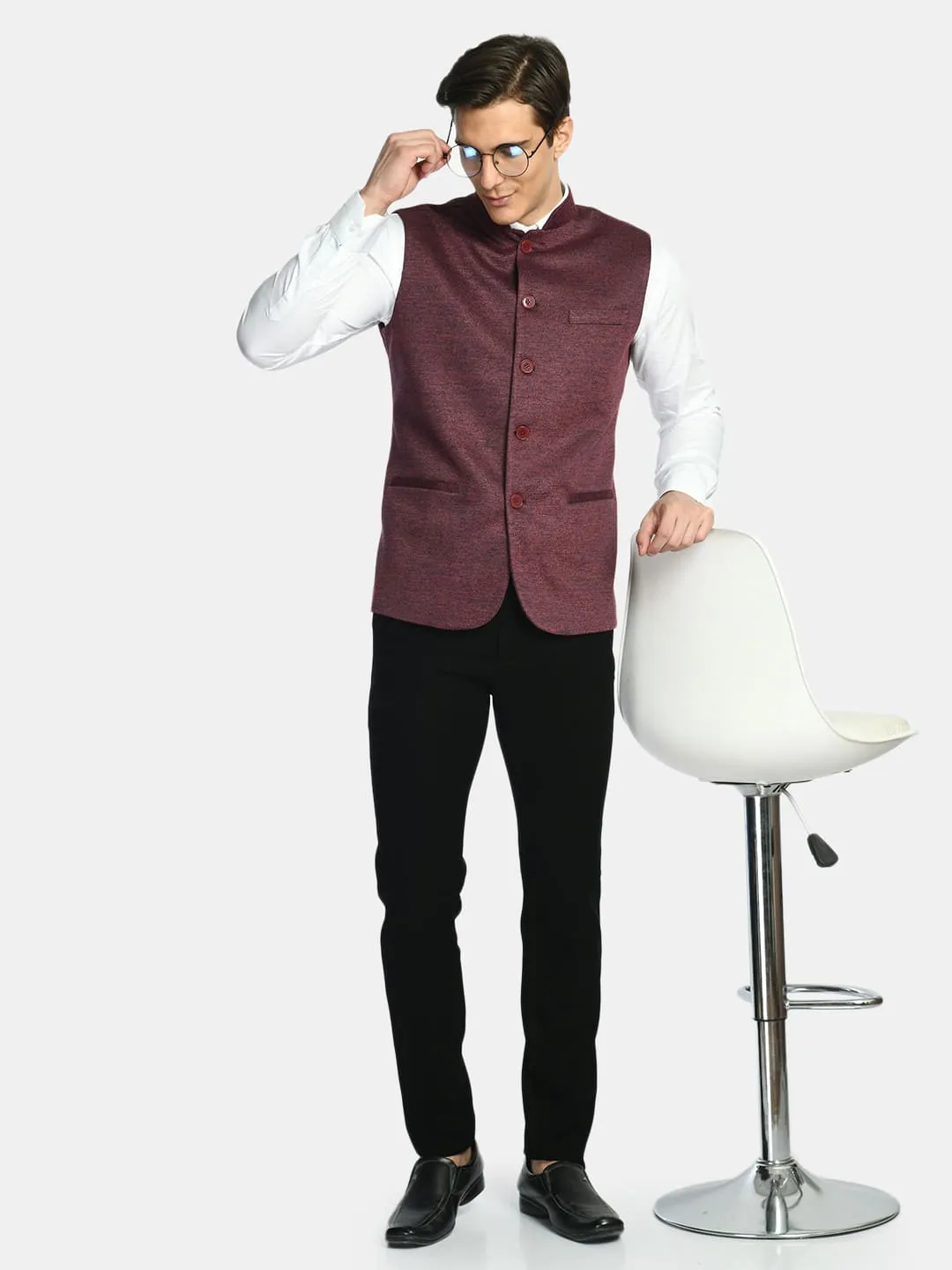 Berry Red Solid Festive Wear Nehru Jacket