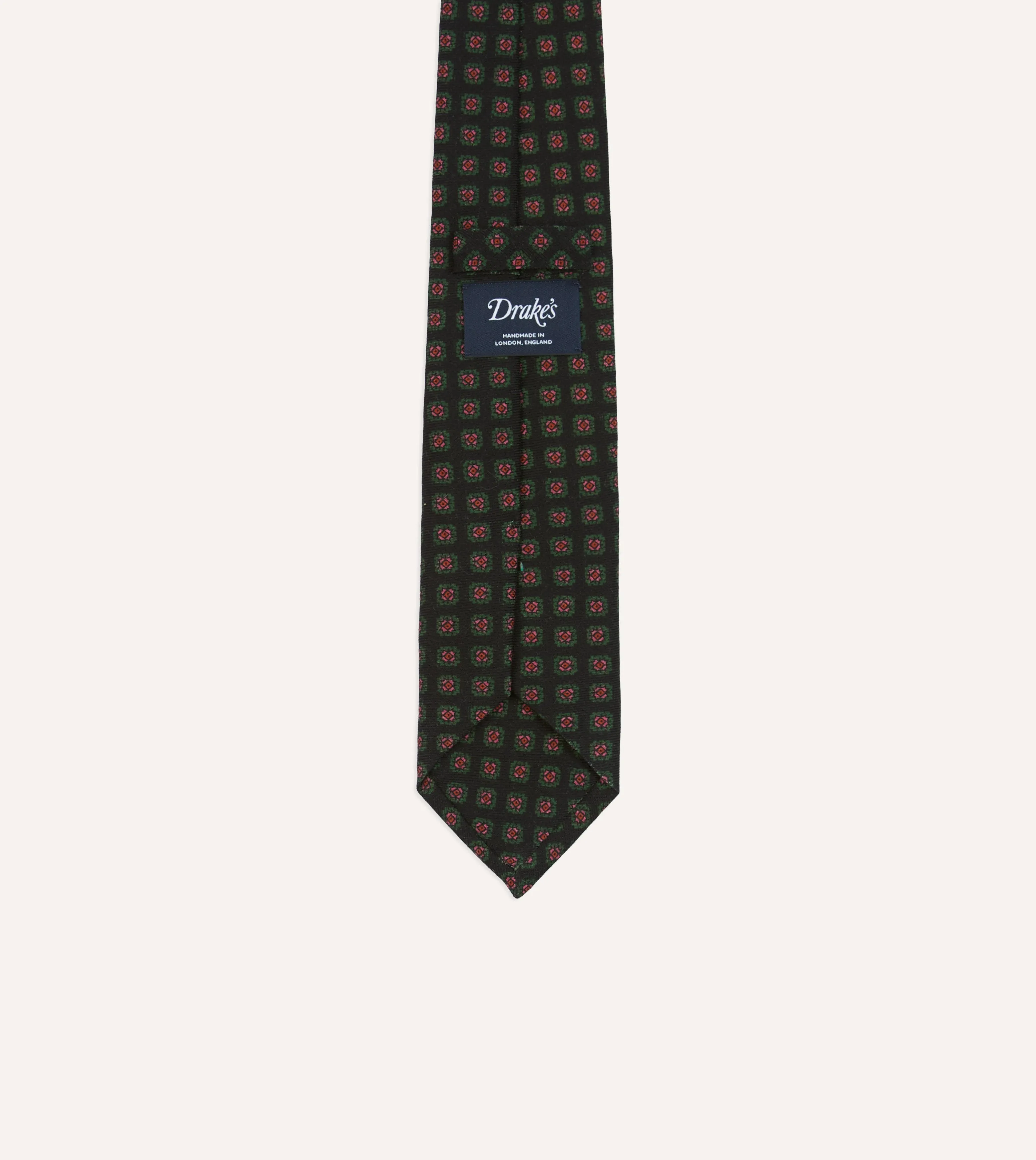 Black Green, and Red Diamond Print Check Self-Tipped Wool Tie