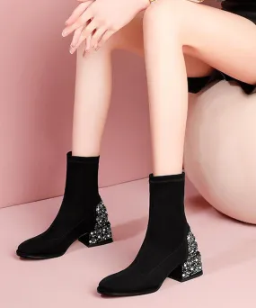 Black Zircon Splicing Stylish Suede Chunky Boots WT023