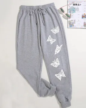 Butterfly Print Drawstring Waist Jogger Pants - Grey