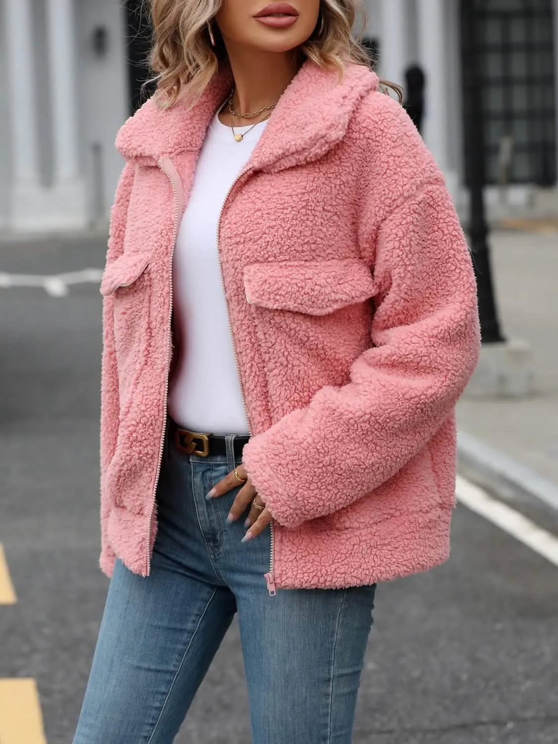 Cozy Plush Zip Jacket with Convenient Pockets