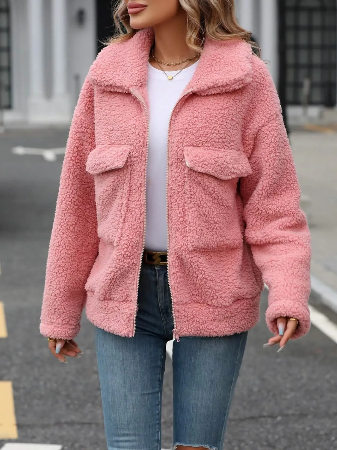 Cozy Plush Zip Jacket with Convenient Pockets