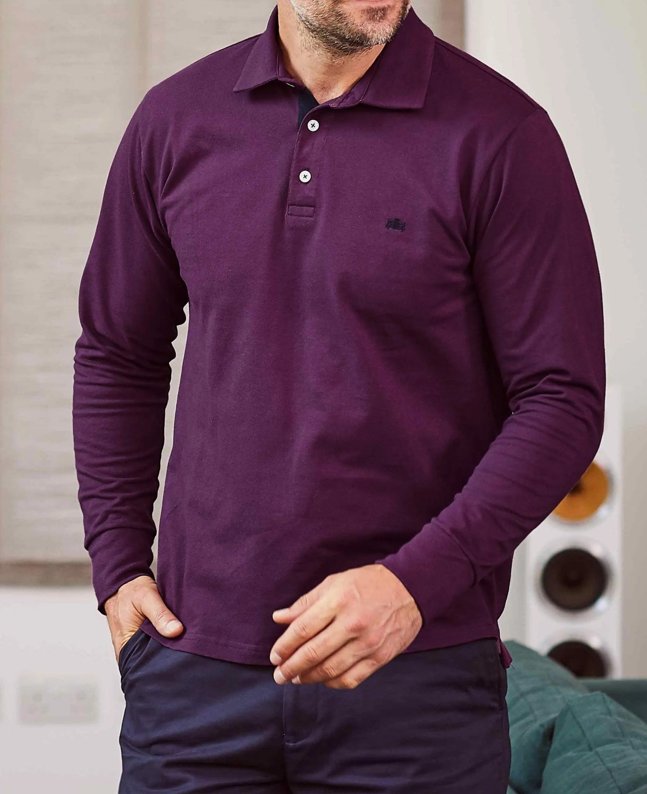 Deep purple Cotton-Pique Long Sleeve Polo Shirt