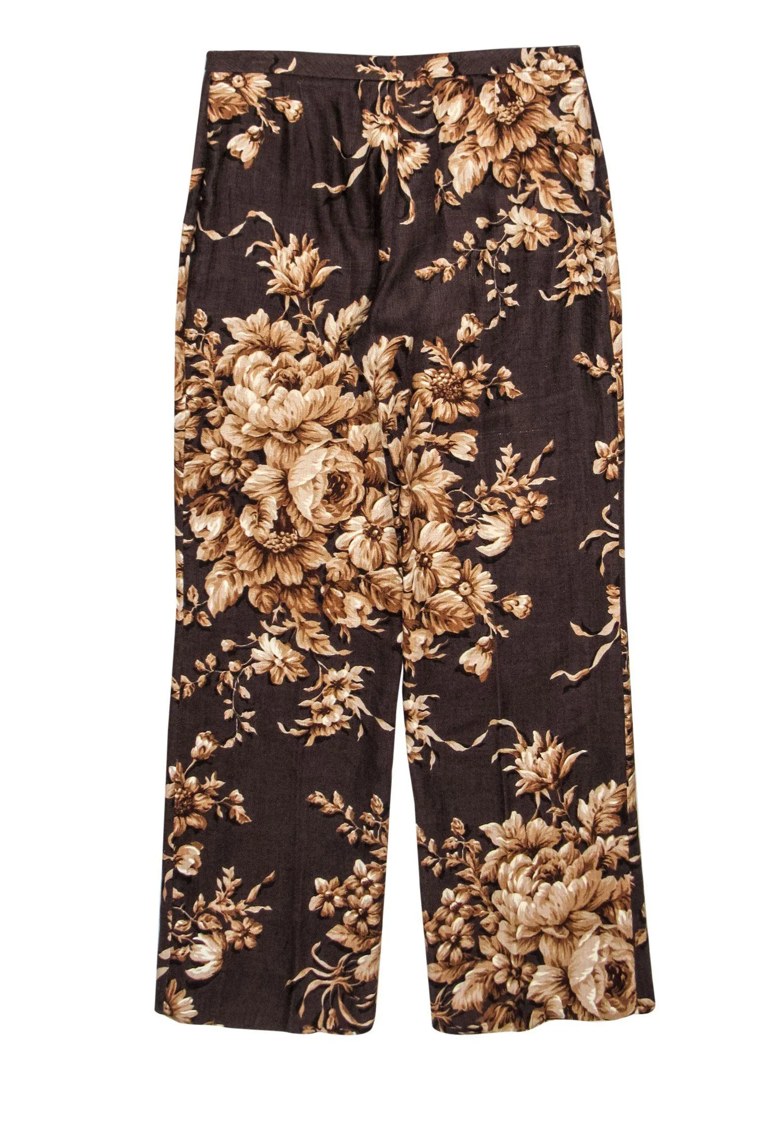 Dolce & Gabbana - Brown Floral Print Linen Straight Leg Trousers Sz 6