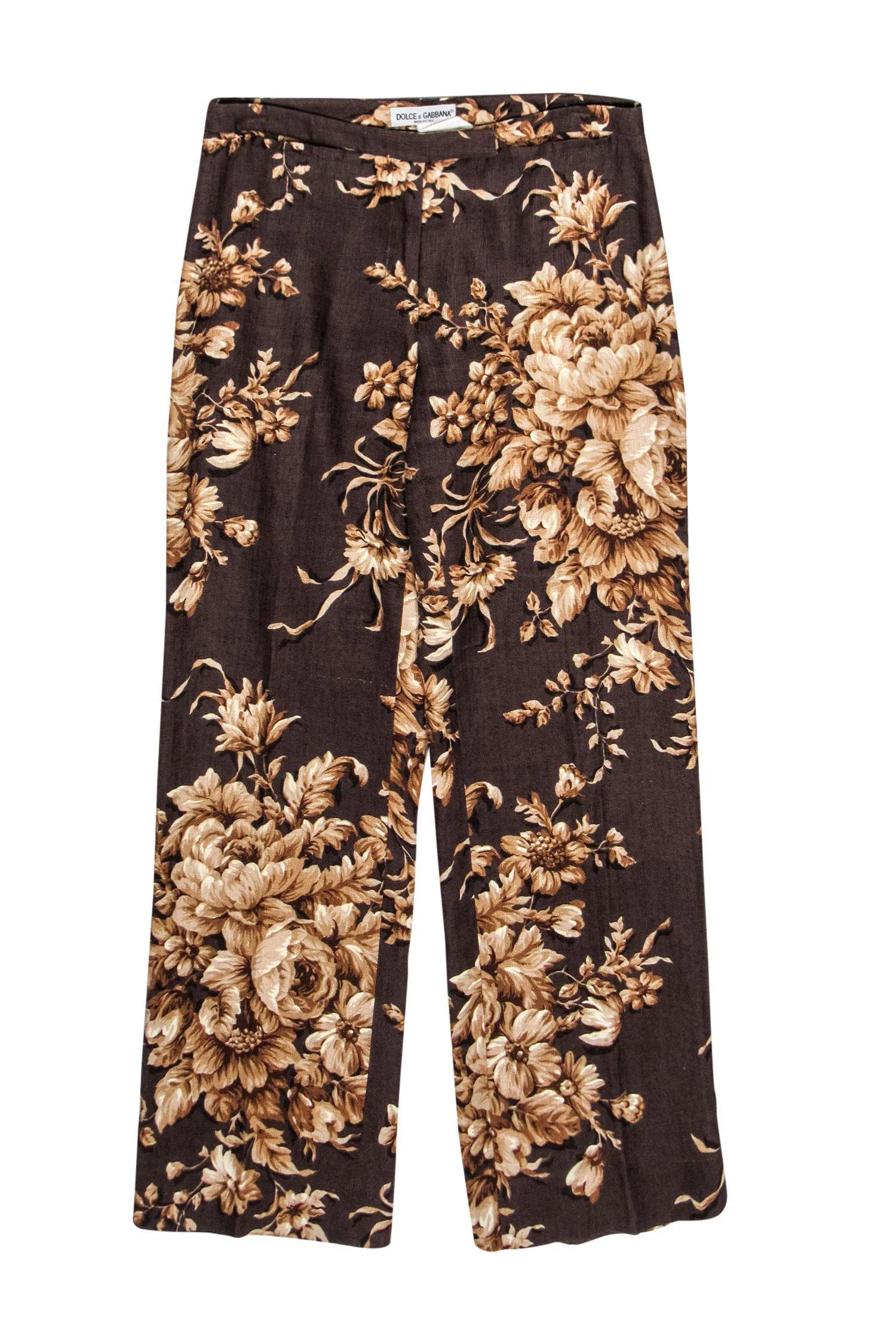 Dolce & Gabbana - Brown Floral Print Linen Straight Leg Trousers Sz 6