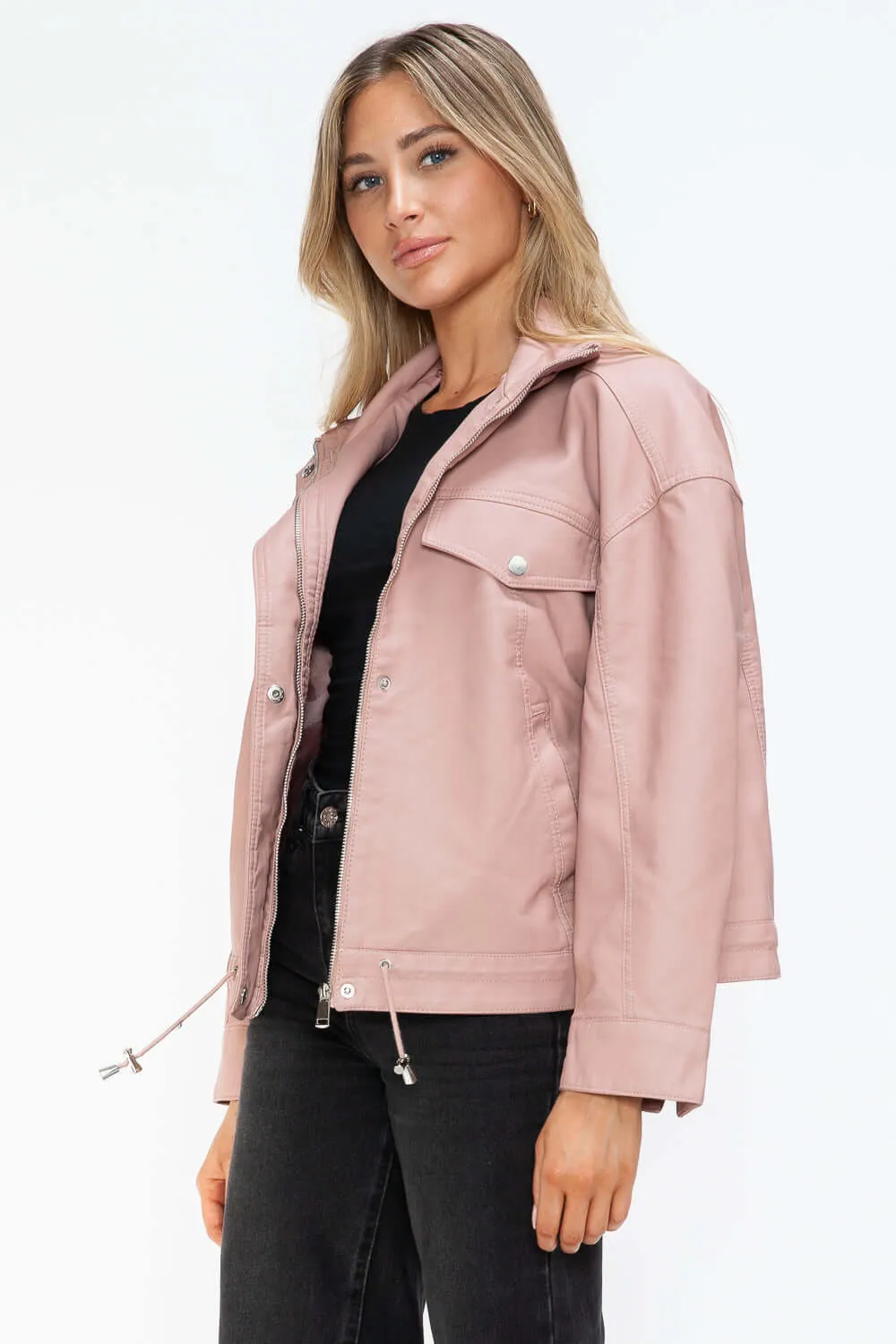 Drawstring Hem PU Leather Zip Up Jacket