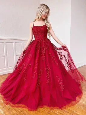 Elegant Burgundy Long A-line Strapless Tulle Lace Prom Dresses