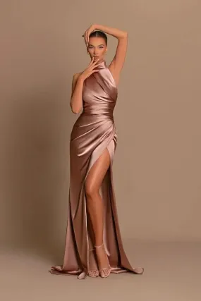 Elegant Long Mermaid High Neck Satin Formal Prom Dress With Slit