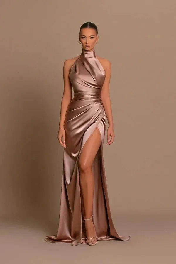 Elegant Long Mermaid High Neck Satin Formal Prom Dress With Slit