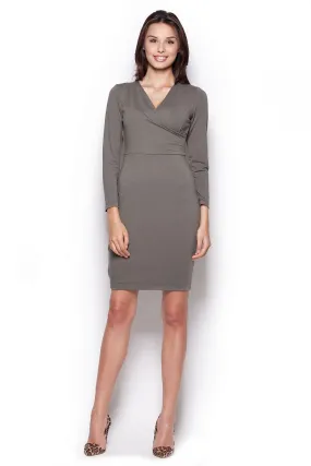 Elegant Long-Sleeve Day Dress with Envelope Neckline - Timeless Sophistication