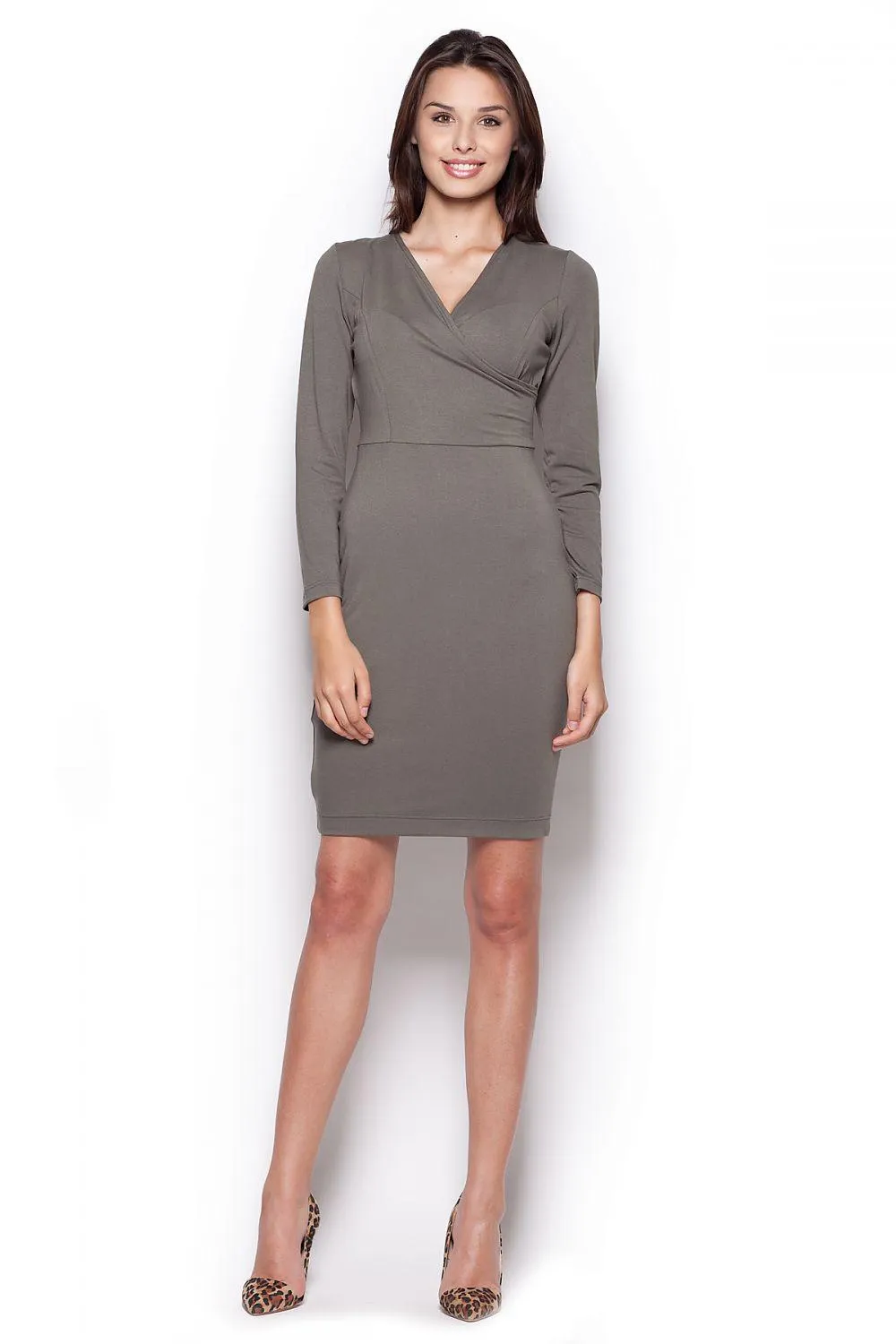 Elegant Long-Sleeve Day Dress with Envelope Neckline - Timeless Sophistication