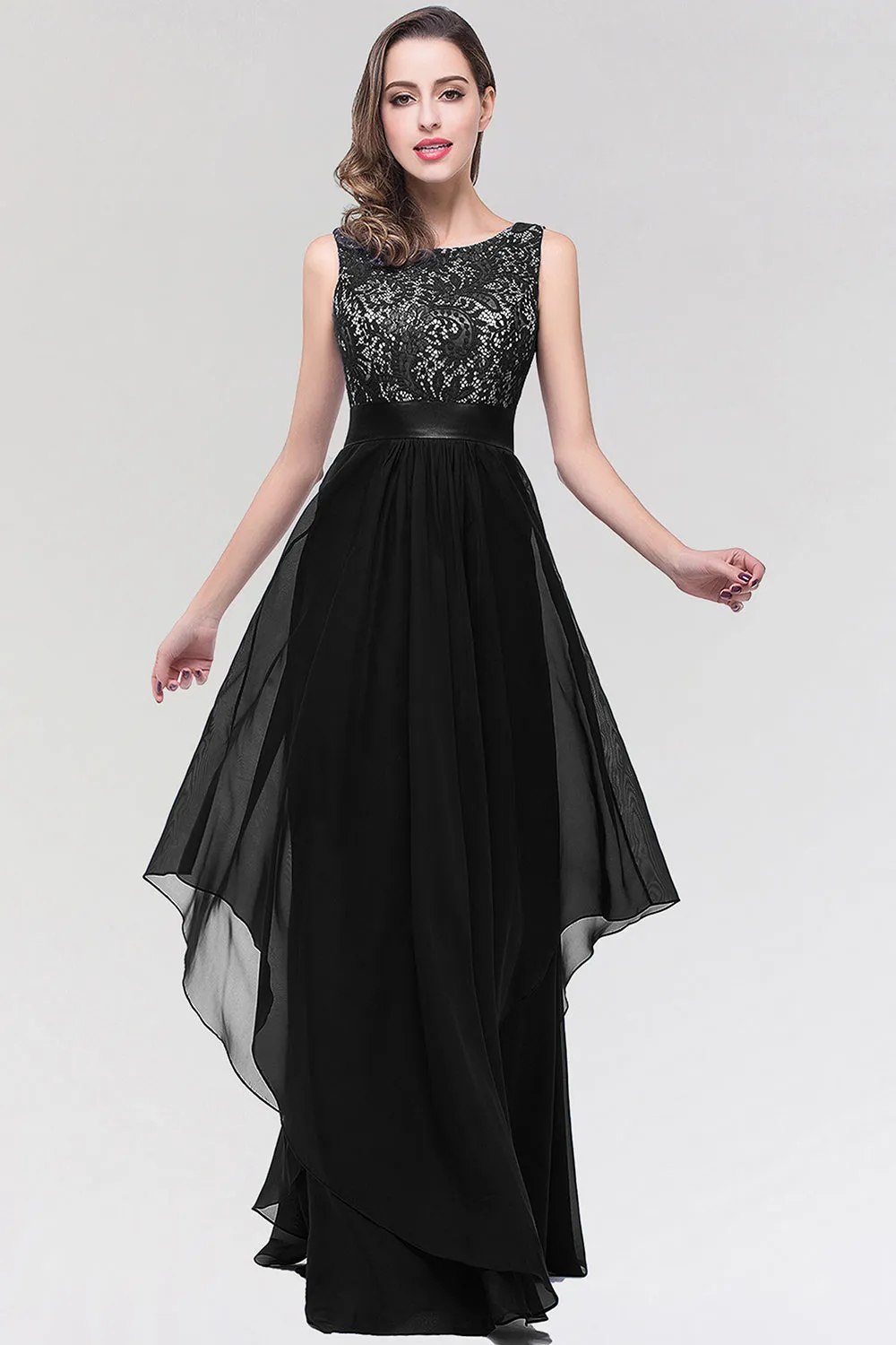 Elegant Scoop Neck Off The Shoulder Chiffon Long Formal Dress with Appliques Lace