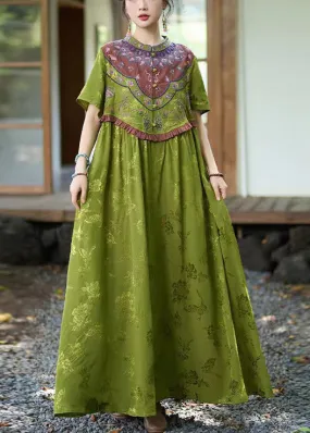 FLYTONN- Vintage Green Stand Collar Ruffled Embroidered Silk Dresses Summer WW1018