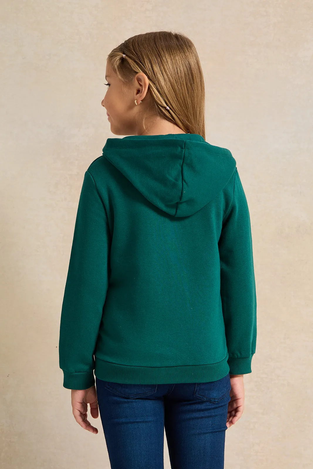 Girls Green Star Sequins Hooded Sweatshirt