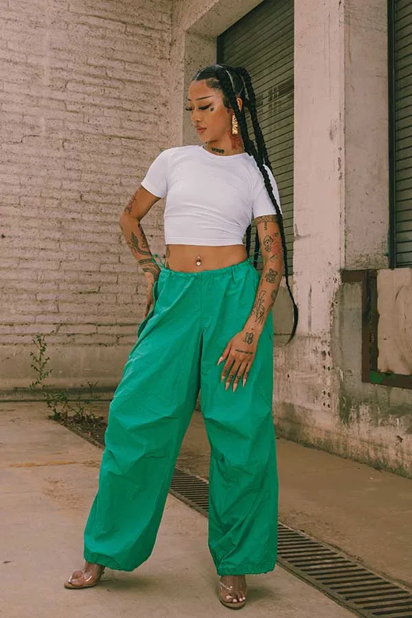 Green High Rise Parachute Wide Pant