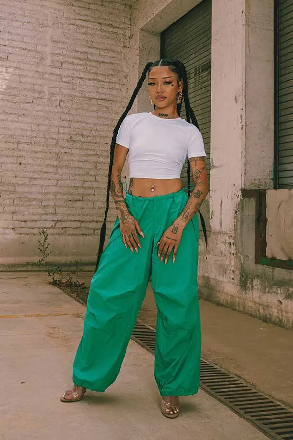 Green High Rise Parachute Wide Pant