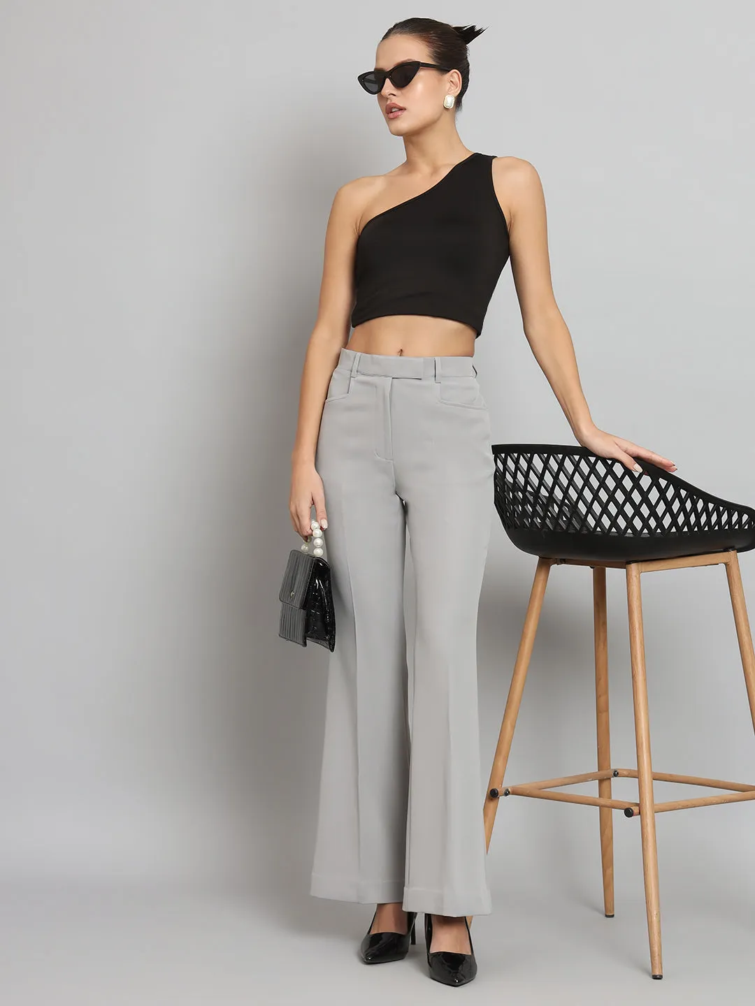 Grey Bell Bottom Stretch Trouser