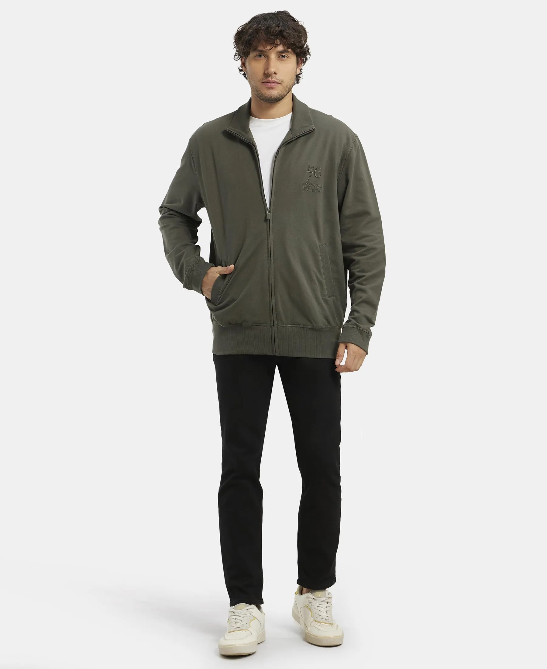 Jockey 2730 Men's Super Combed Cotton French Terry Jacket with Ribbed Cuffs and Convenient Side Pockets_Deep Olive_XL