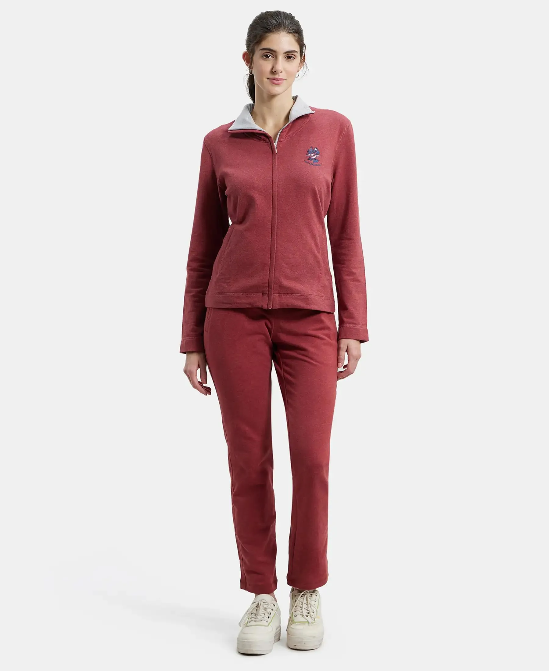 Jockey UL08 Women's Super Combed Cotton Elastane Stretch Full Zip High Neck Jacket With Convenient Front Pockets_Rust Red Melange_