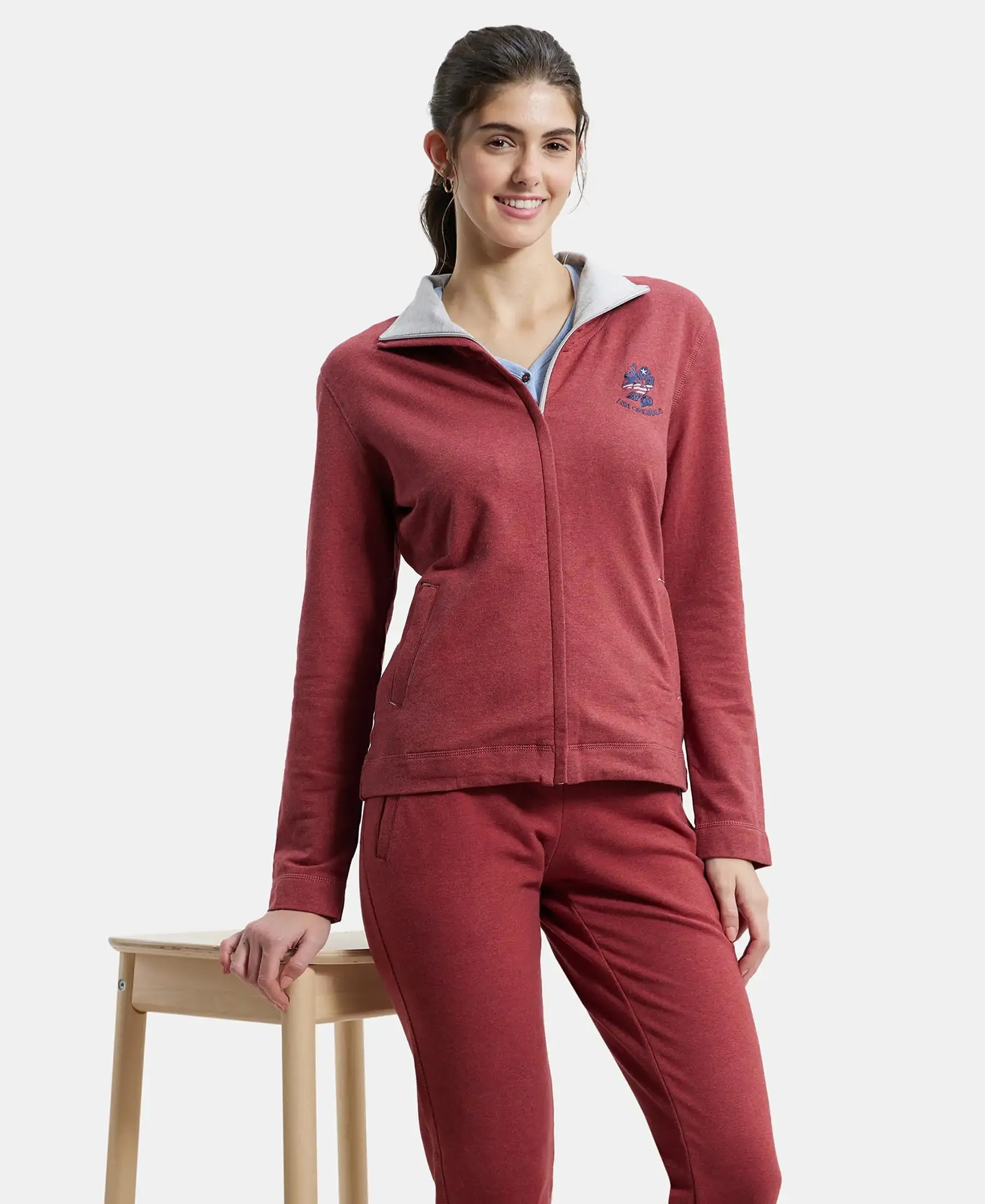 Jockey UL08 Women's Super Combed Cotton Elastane Stretch Full Zip High Neck Jacket With Convenient Front Pockets_Rust Red Melange_