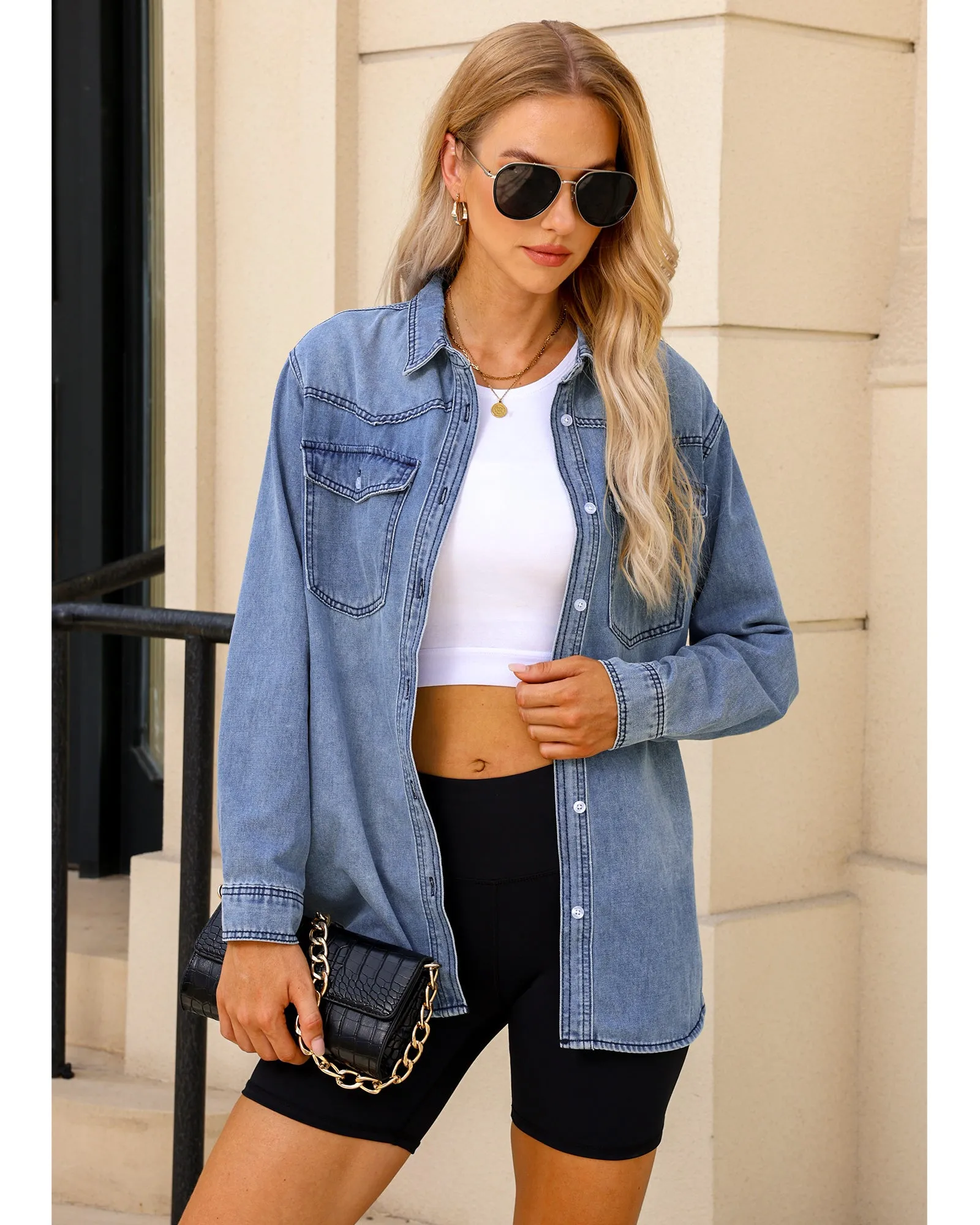 luvamia Long Denim Jacket for Women Lightweight Trendy Jean Button Down Shirts Jackets Oversized Shackets with Pockets