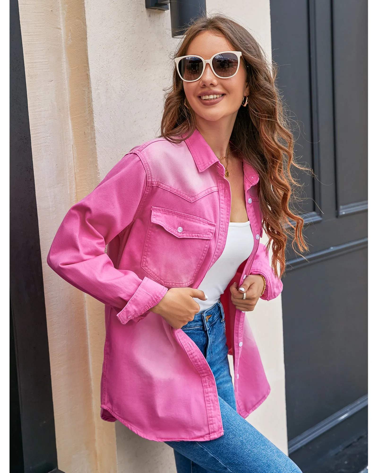 luvamia Long Denim Jacket for Women Lightweight Trendy Jean Button Down Shirts Jackets Oversized Shackets with Pockets