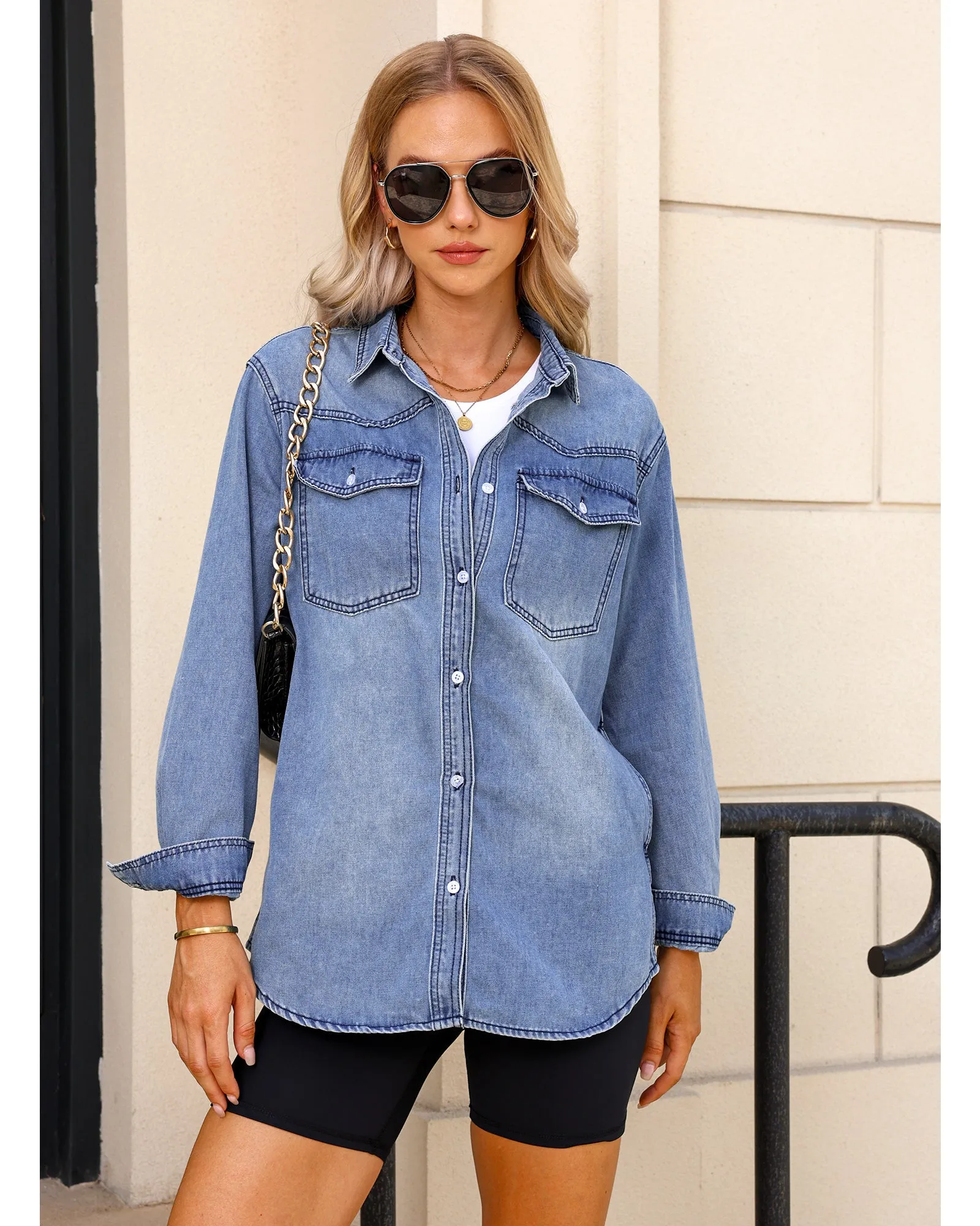 luvamia Long Denim Jacket for Women Lightweight Trendy Jean Button Down Shirts Jackets Oversized Shackets with Pockets