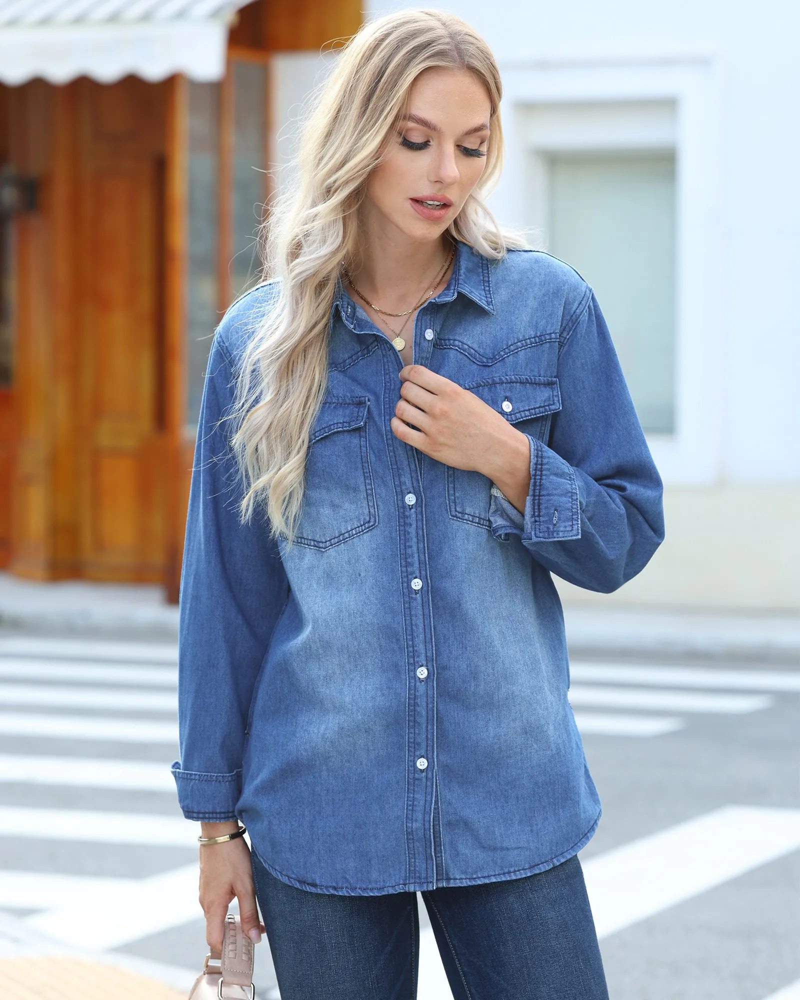 luvamia Long Denim Jacket for Women Lightweight Trendy Jean Button Down Shirts Jackets Oversized Shackets with Pockets