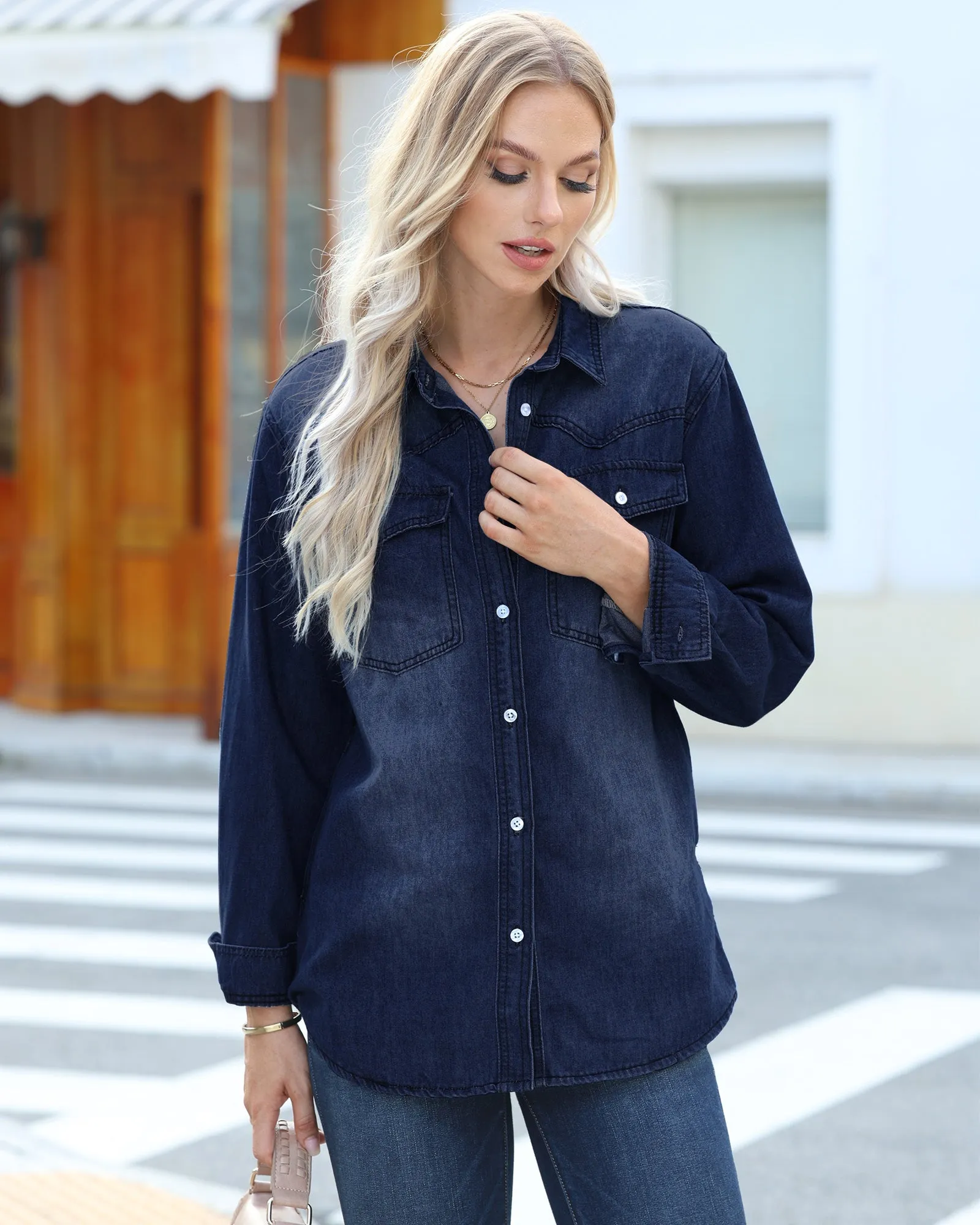 luvamia Long Denim Jacket for Women Lightweight Trendy Jean Button Down Shirts Jackets Oversized Shackets with Pockets