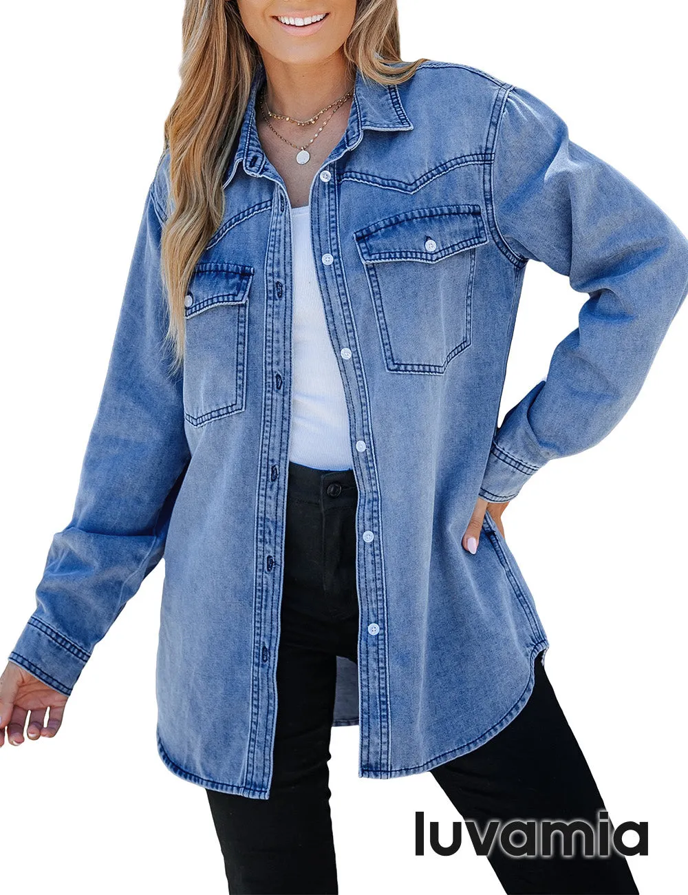 luvamia Long Denim Jacket for Women Lightweight Trendy Jean Button Down Shirts Jackets Oversized Shackets with Pockets