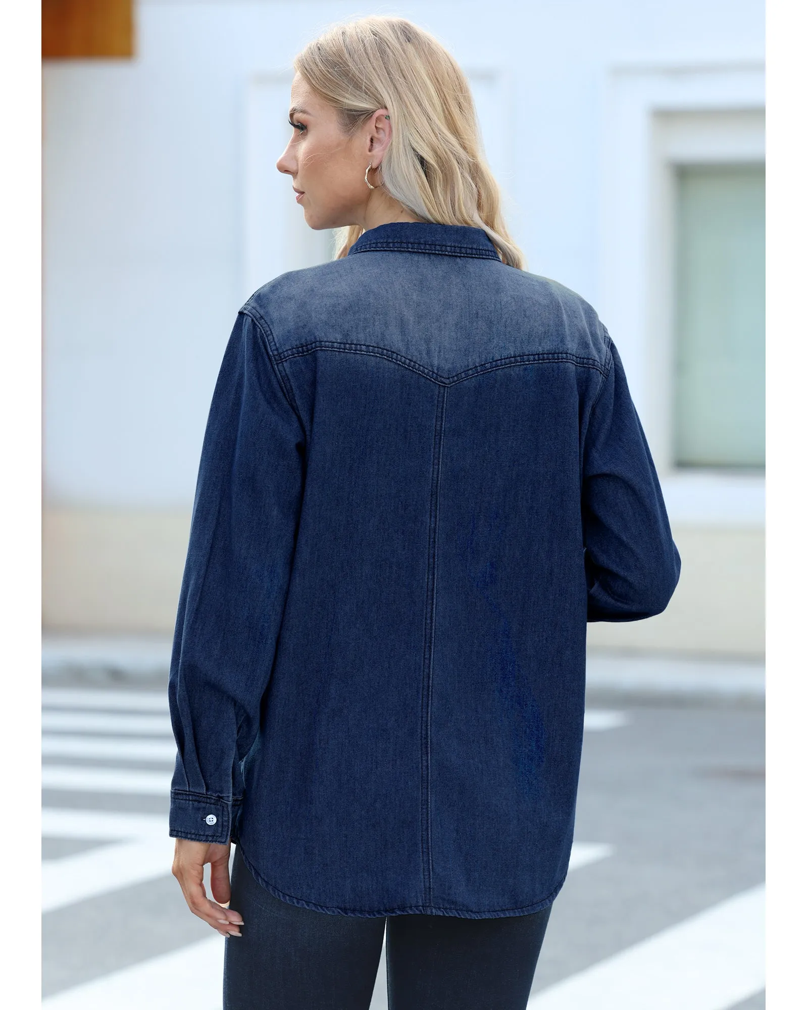 luvamia Long Denim Jacket for Women Lightweight Trendy Jean Button Down Shirts Jackets Oversized Shackets with Pockets