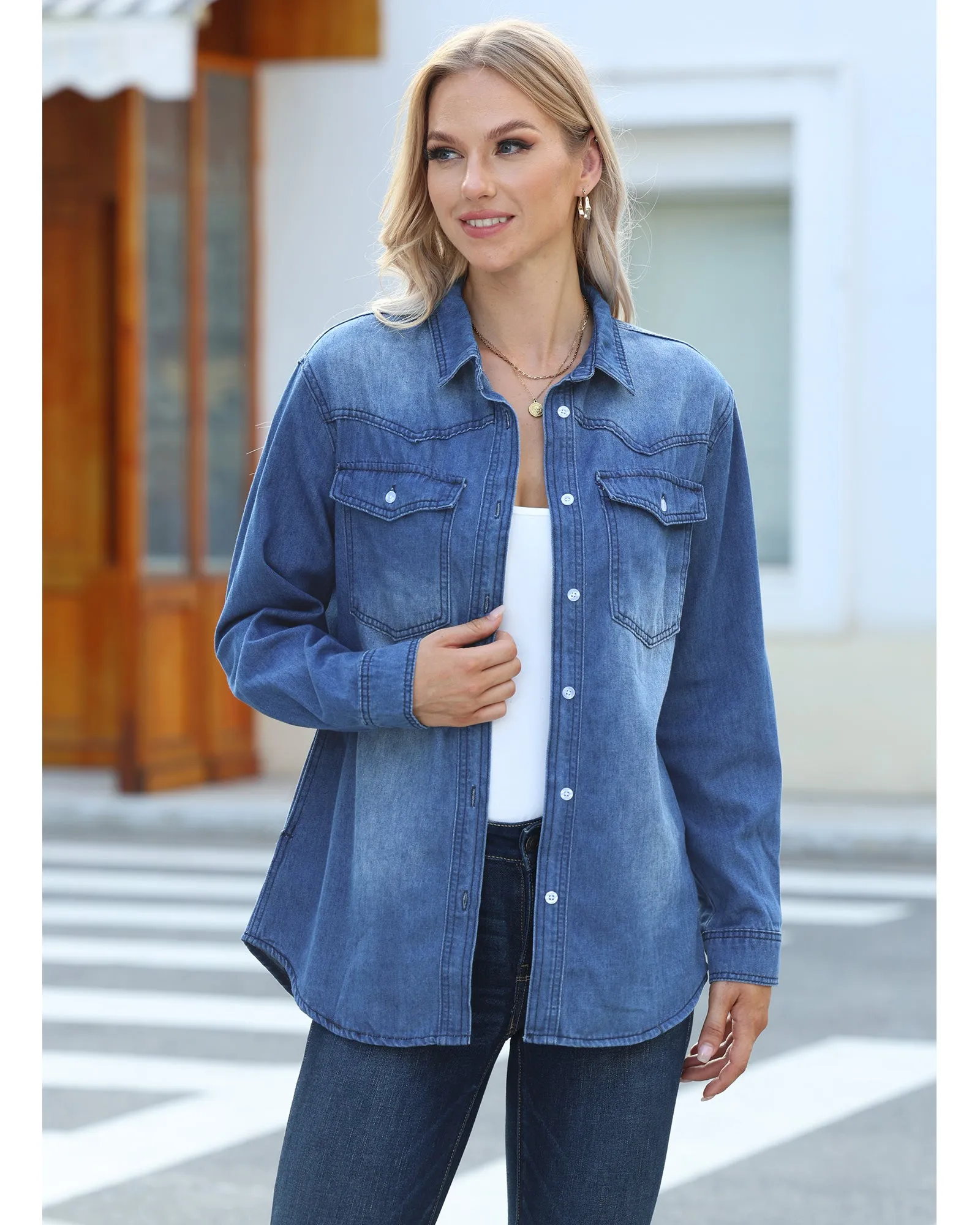 luvamia Long Denim Jacket for Women Lightweight Trendy Jean Button Down Shirts Jackets Oversized Shackets with Pockets