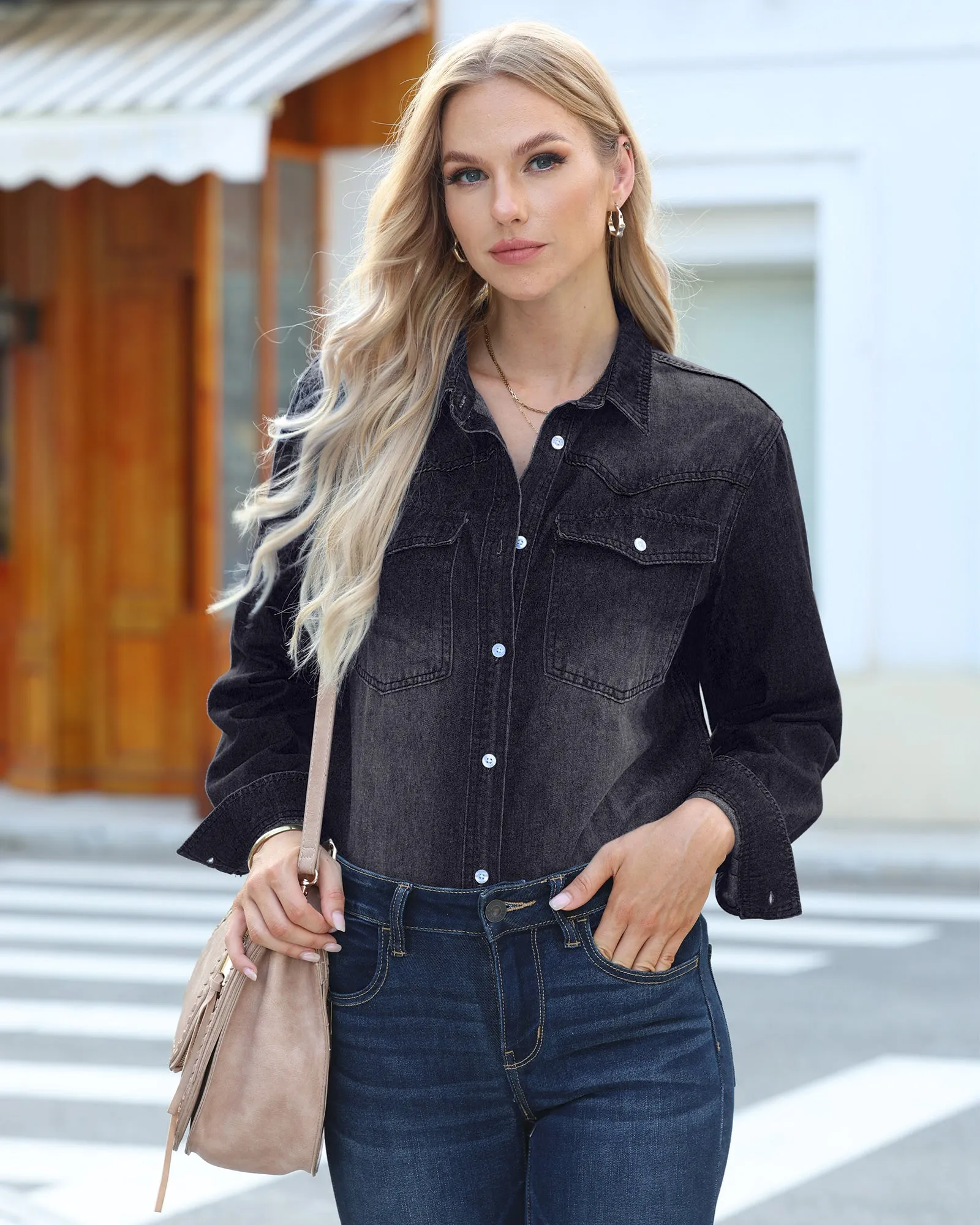 luvamia Long Denim Jacket for Women Lightweight Trendy Jean Button Down Shirts Jackets Oversized Shackets with Pockets