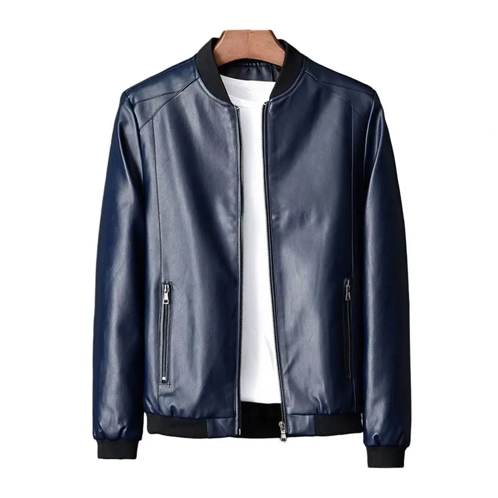 Men Coat Stylish Men'S Faux Leather Motorcycle Jacket Windproof Stand Collar Zipper Closure Pockets for Fall/Winter Soft Men