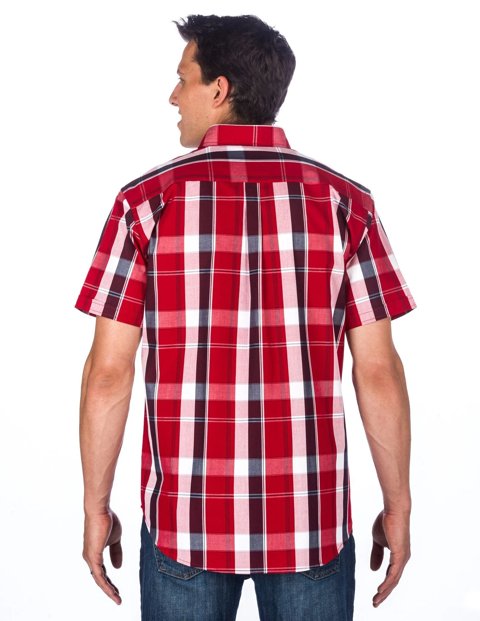 Men's 100% Cotton Casual Short Sleeve Shirt - Regular Fit - Plaid Red/White/Navy