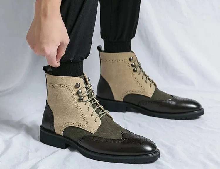 Men's Two-Tone Leather Combat Boots | Lace-Up Front Stylish Outdoor Shoes