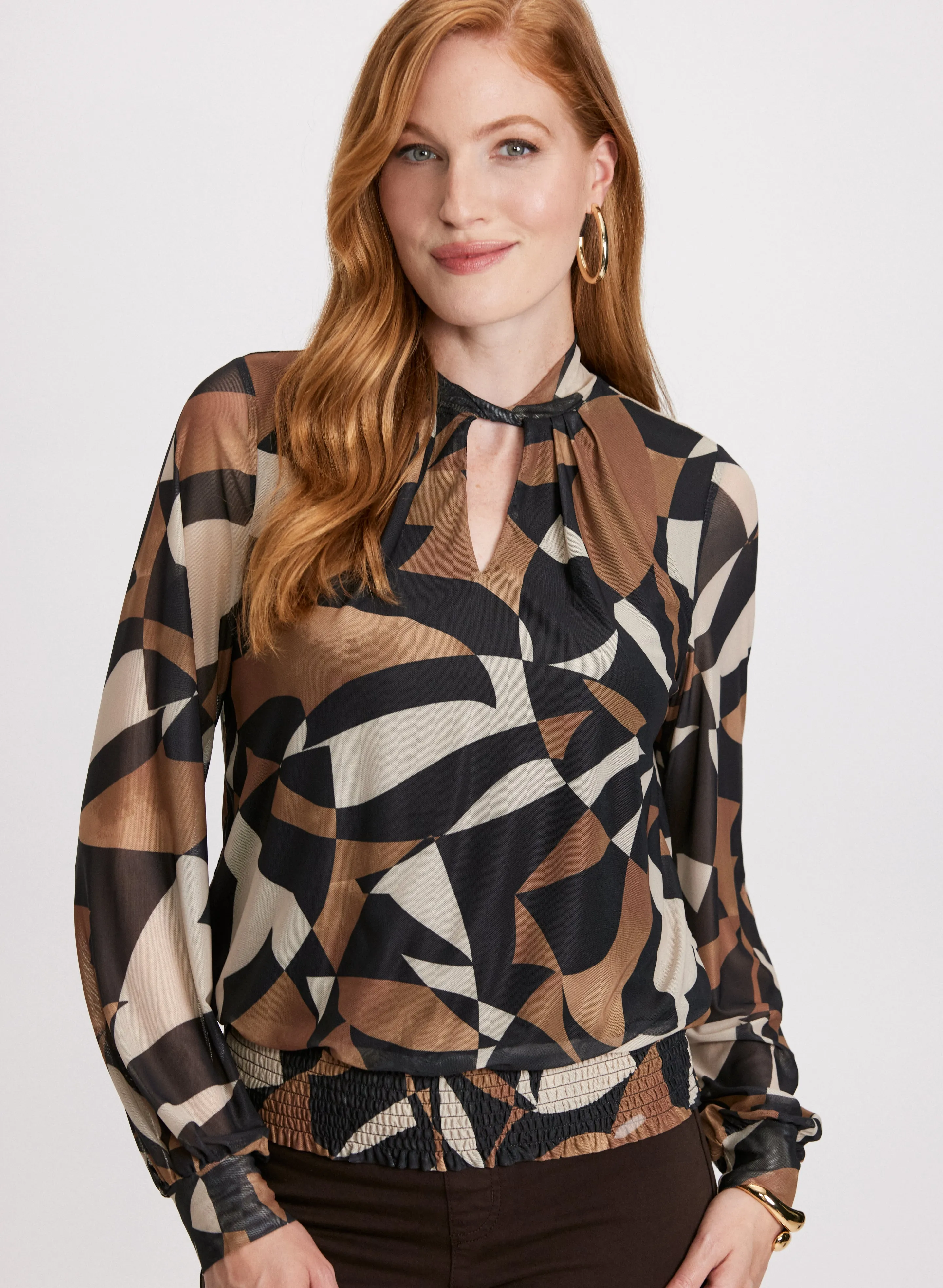 Mock Neck Geometric Print Top