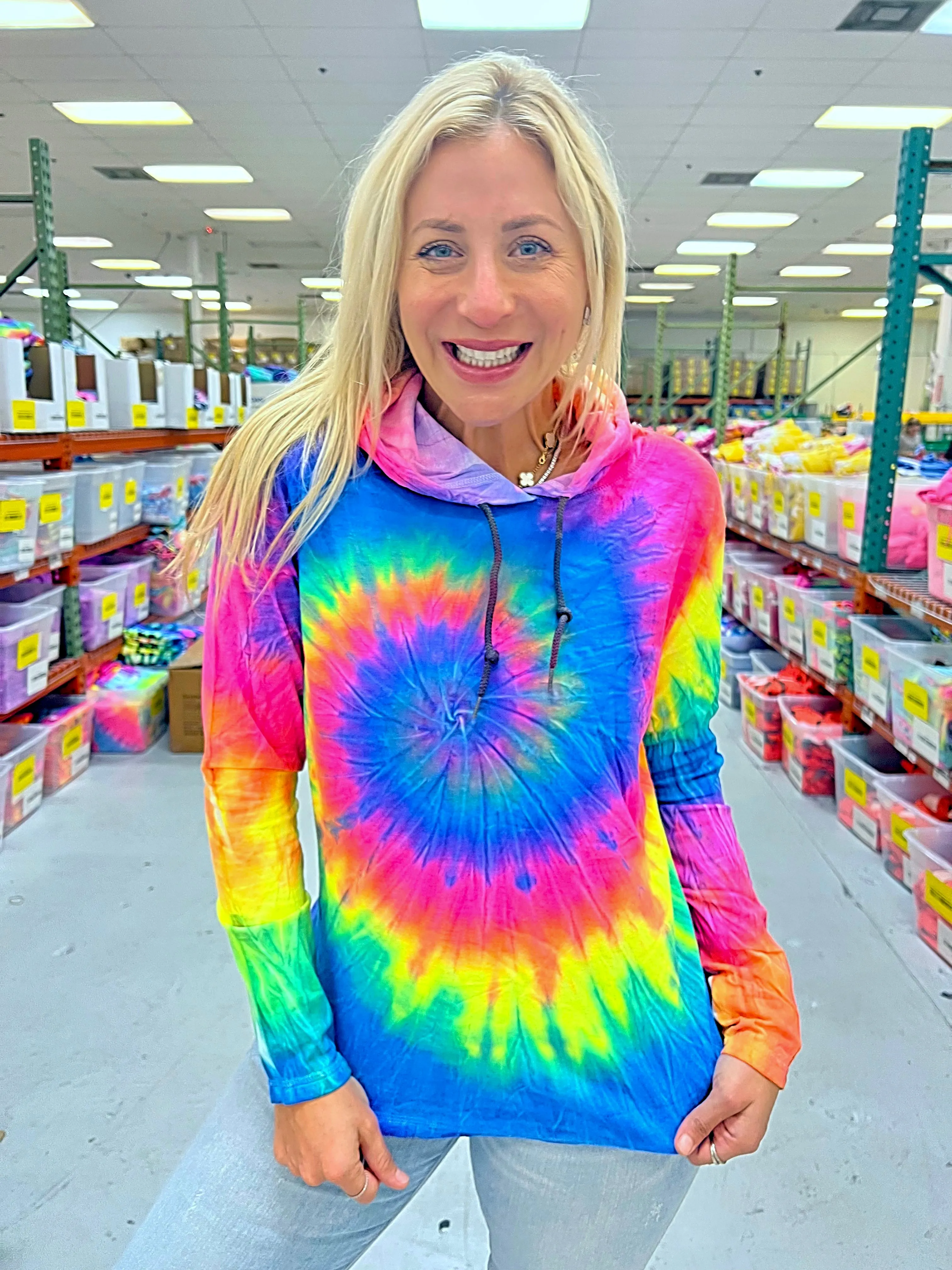 Neon Rainbow Tie-Dye Long Sleeve Hoodie Tee - Blank