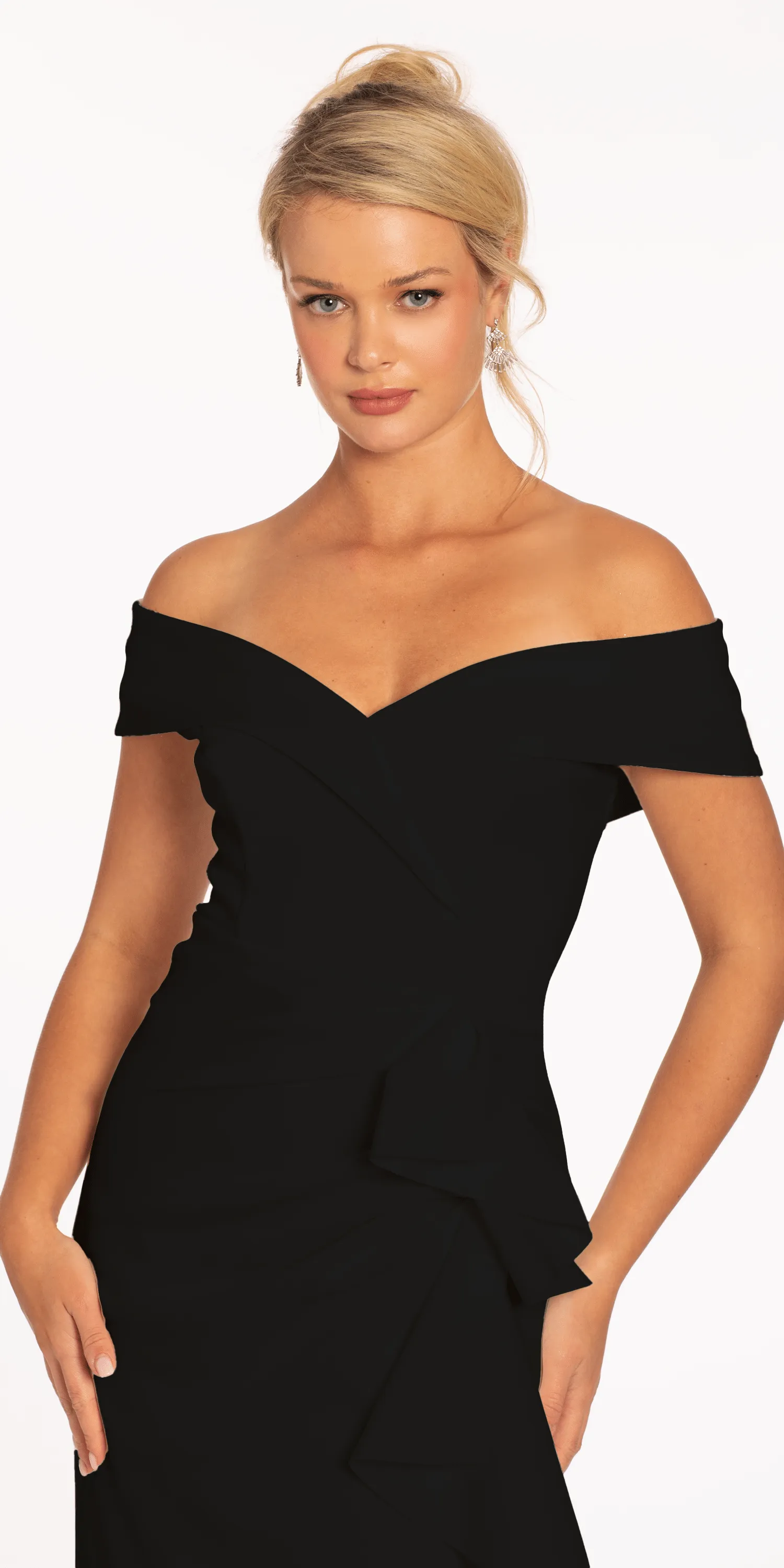 Off the Shoulder Midi Scuba Dress with Side Cascade