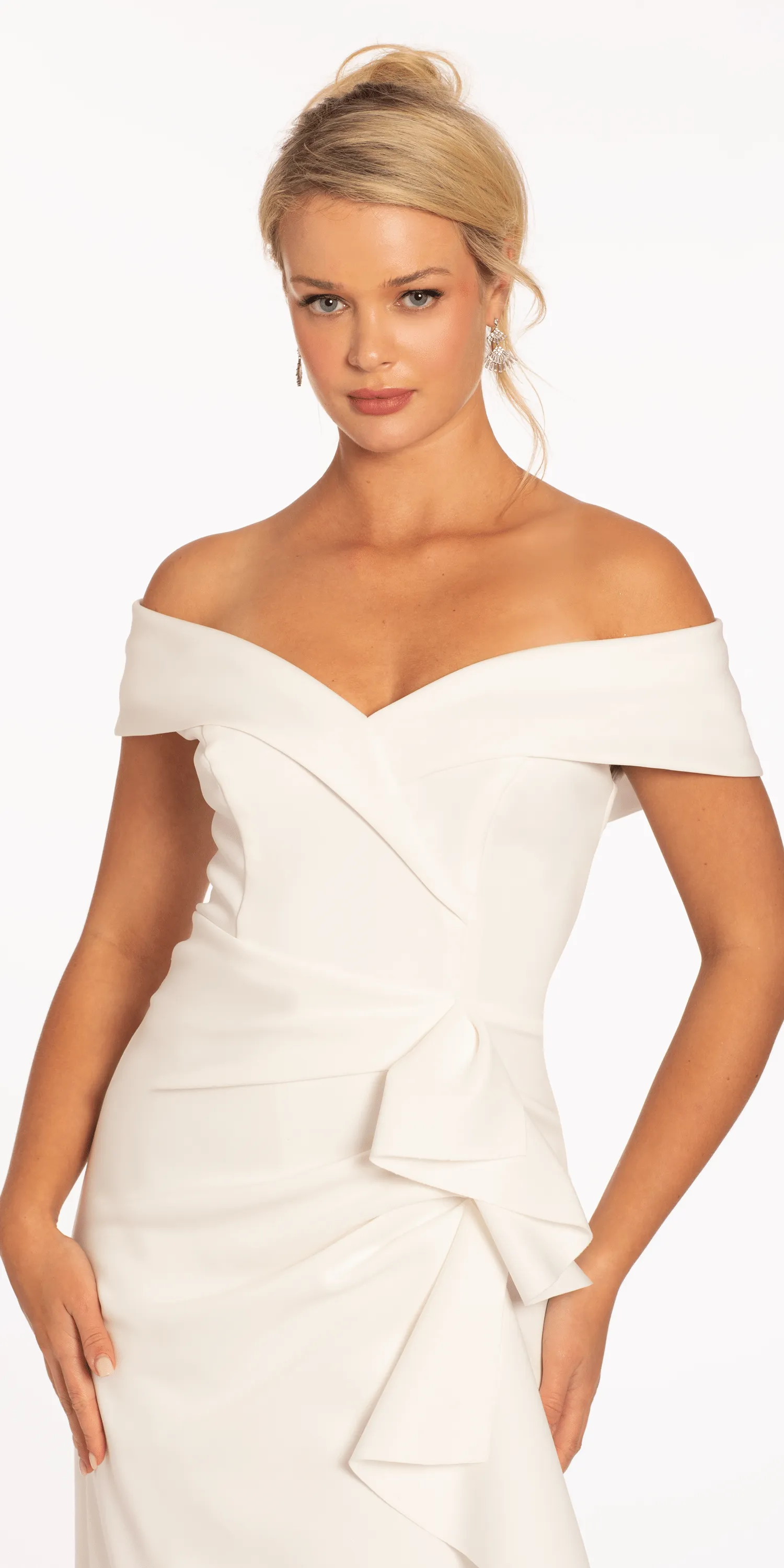 Off the Shoulder Midi Scuba Dress with Side Cascade