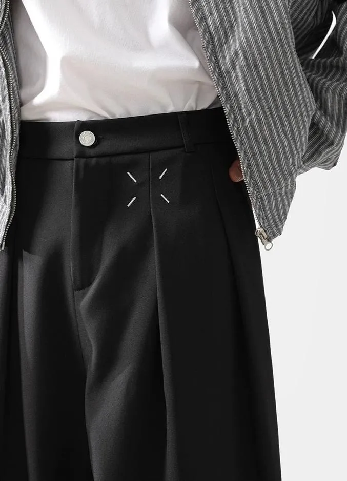 Pleated Wide-Leg Trousers with Stitch Detail