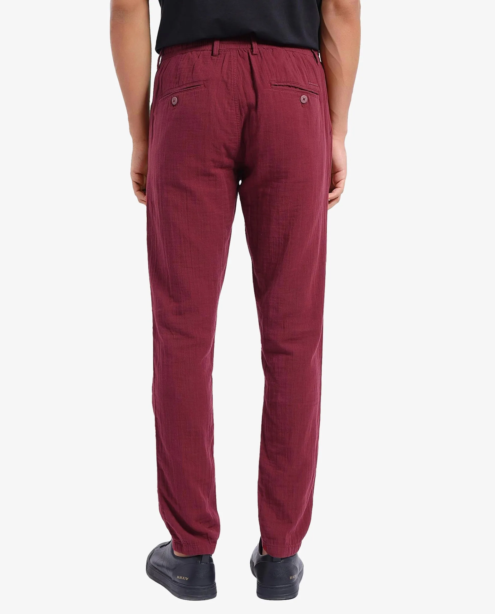 Rare Rabbit Men Pastor-3 Dark Maroon Drawstring Closure Plain Trouser