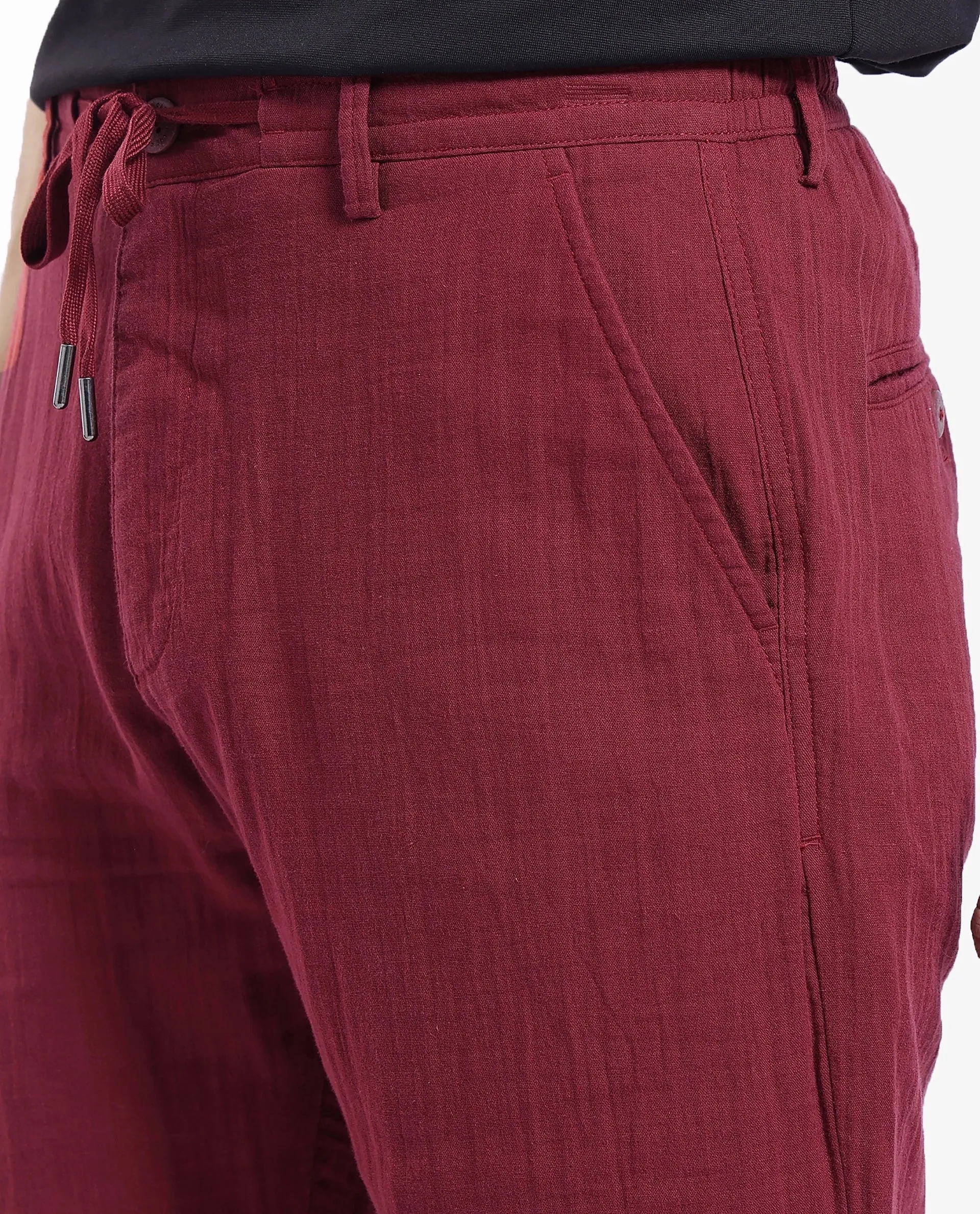 Rare Rabbit Men Pastor-3 Dark Maroon Drawstring Closure Plain Trouser