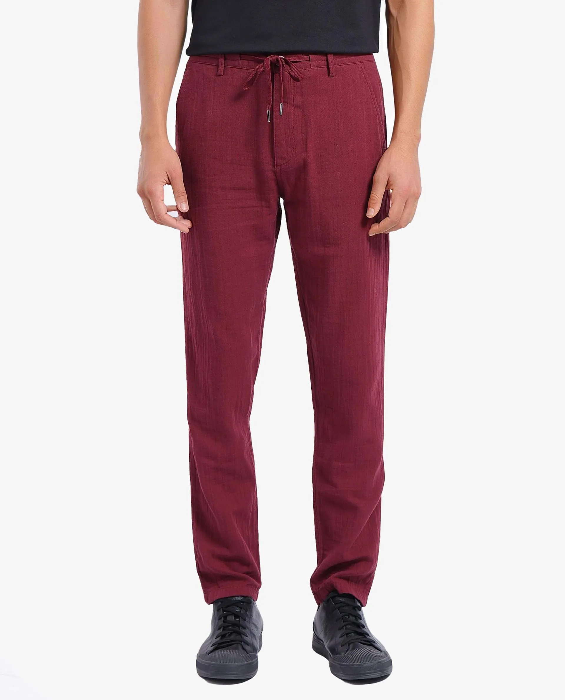 Rare Rabbit Men Pastor-3 Dark Maroon Drawstring Closure Plain Trouser