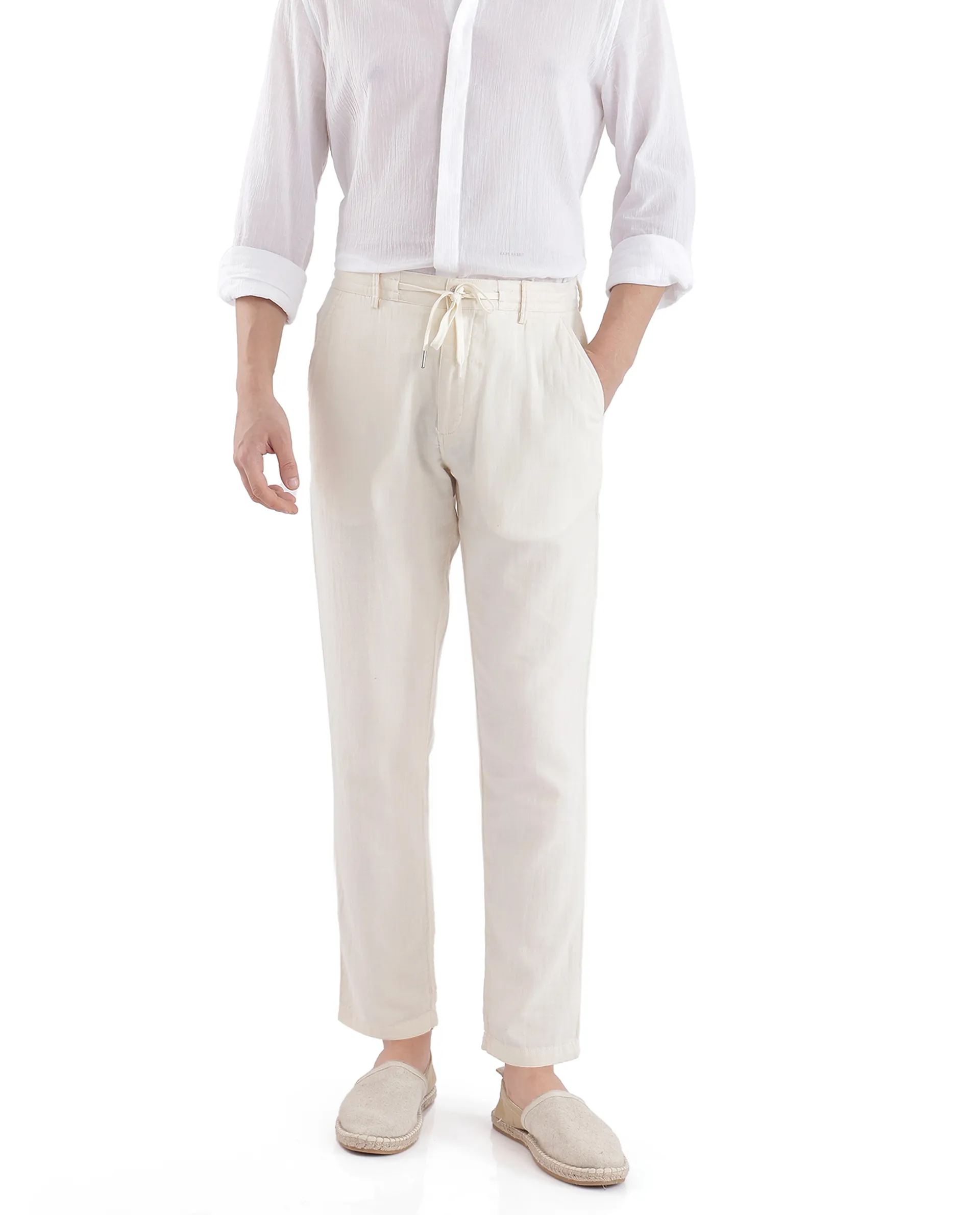 Rare Rabbit Men Pastor-3 Off White Drawstring Closure Plain Trouser