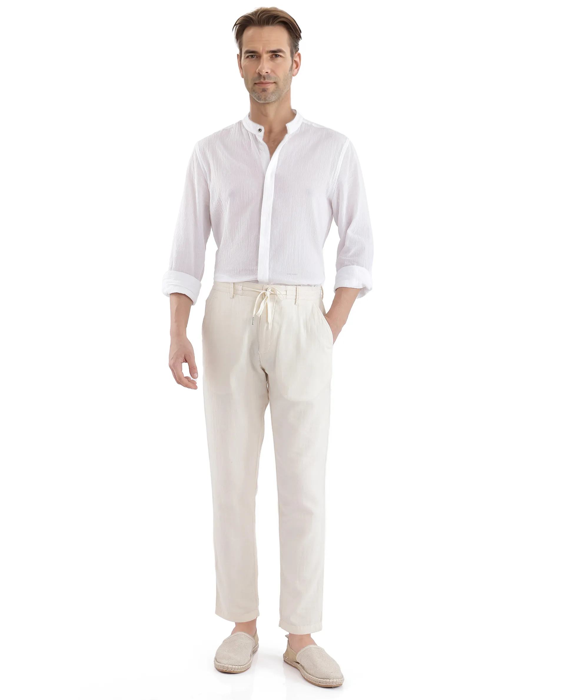 Rare Rabbit Men Pastor-3 Off White Drawstring Closure Plain Trouser