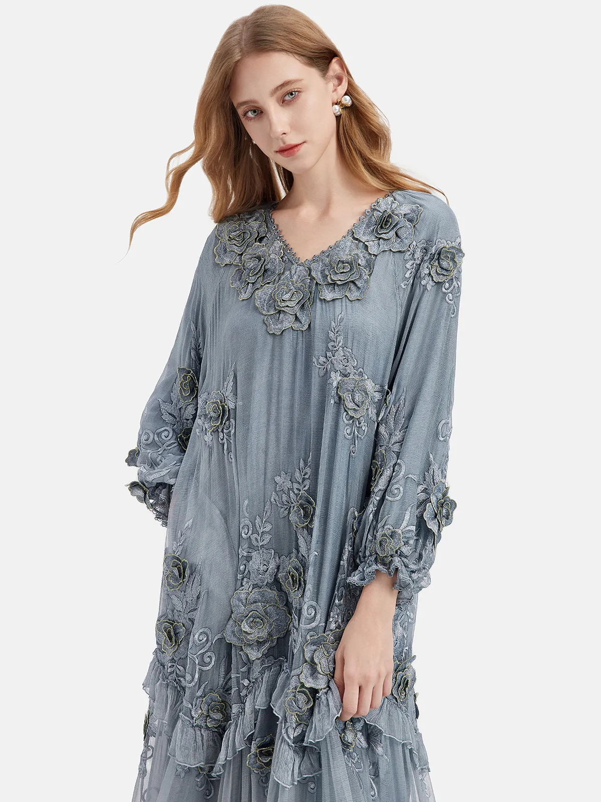 Silk Embroidered Floral Loose Dress