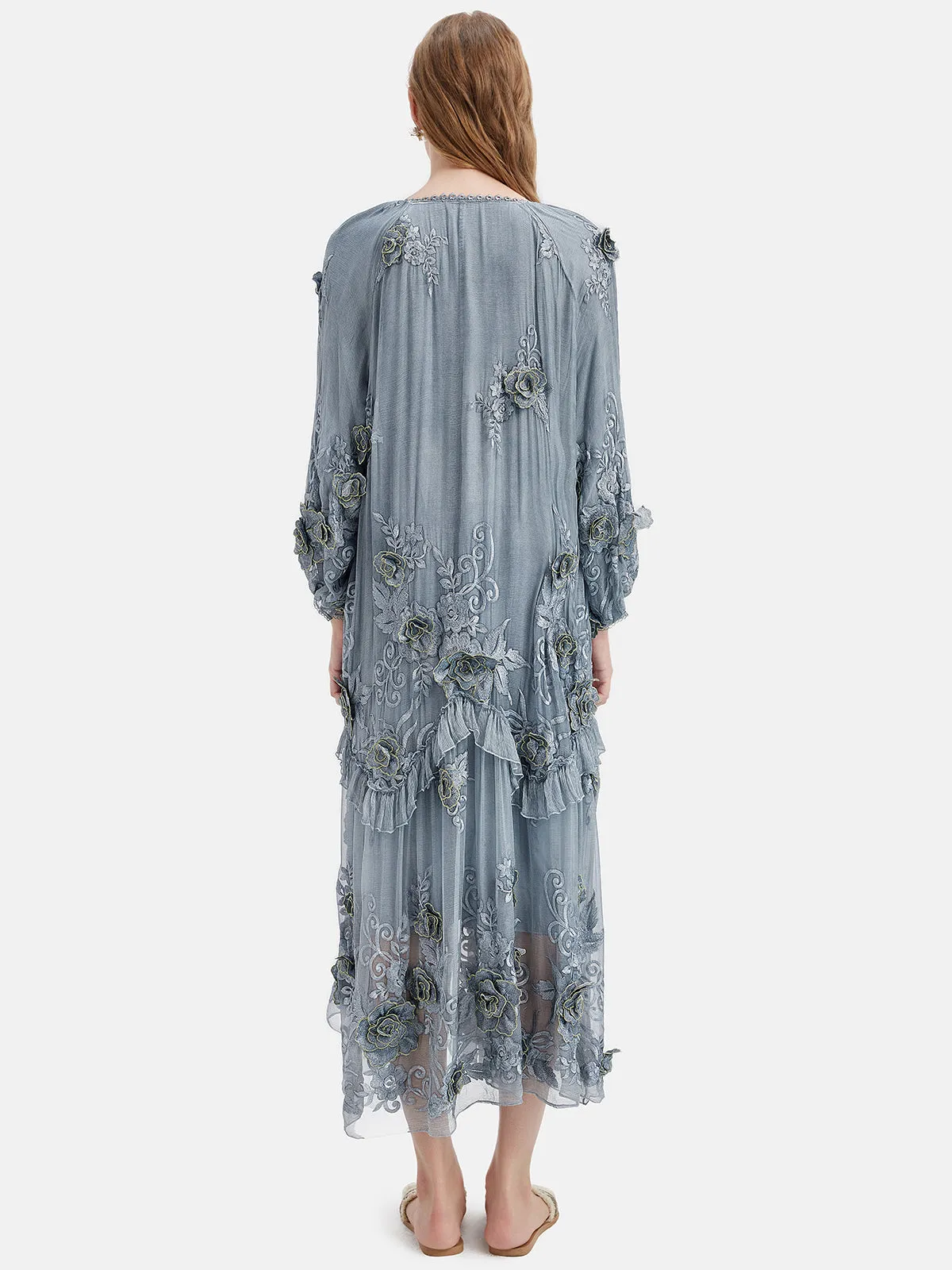 Silk Embroidered Floral Loose Dress