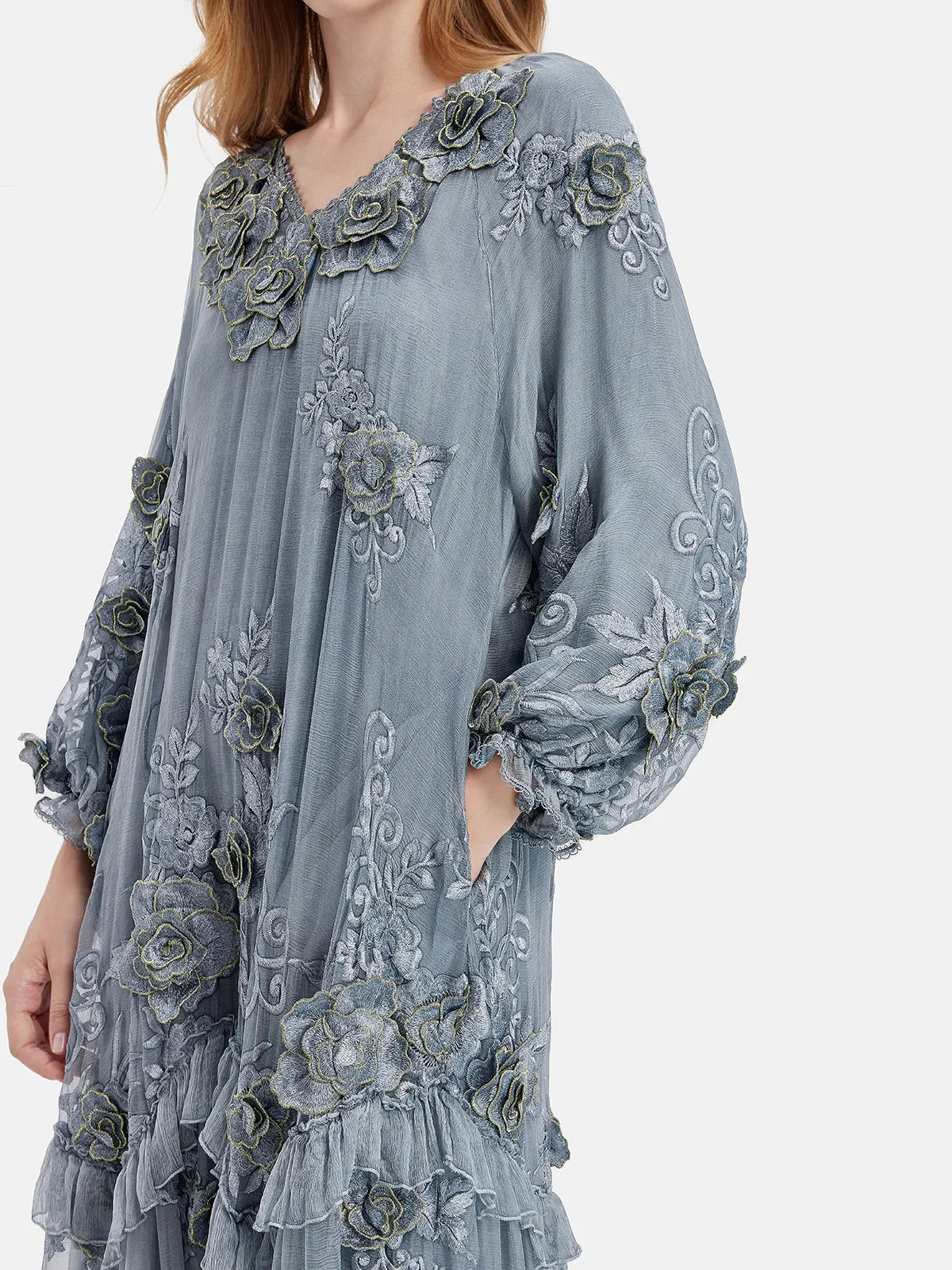 Silk Embroidered Floral Loose Dress