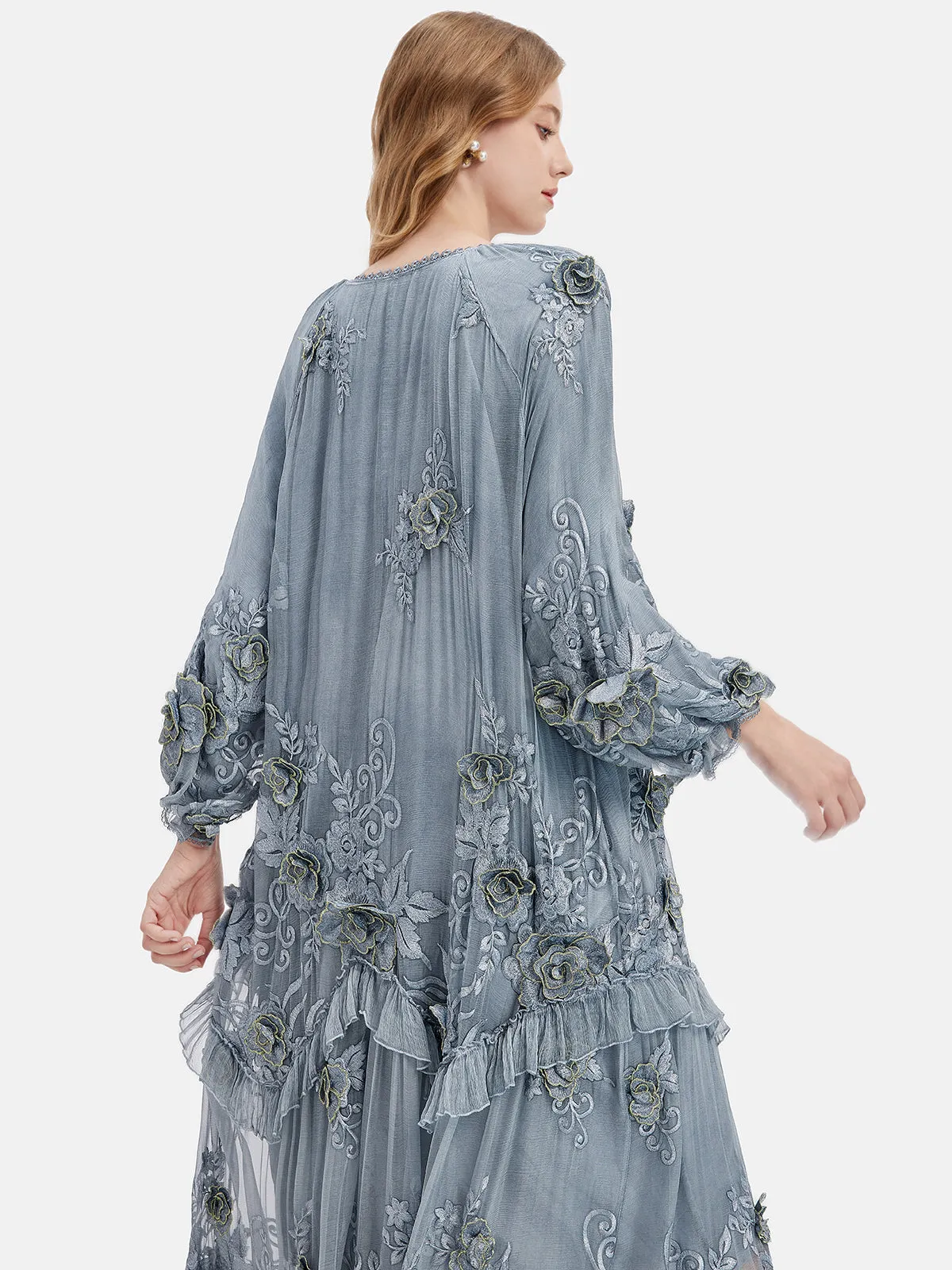 Silk Embroidered Floral Loose Dress